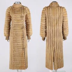 FENDI c1970s Karl Lagerfeld Blonde Genuine Mink Fur Ribbed Hooded Midi Long Coat