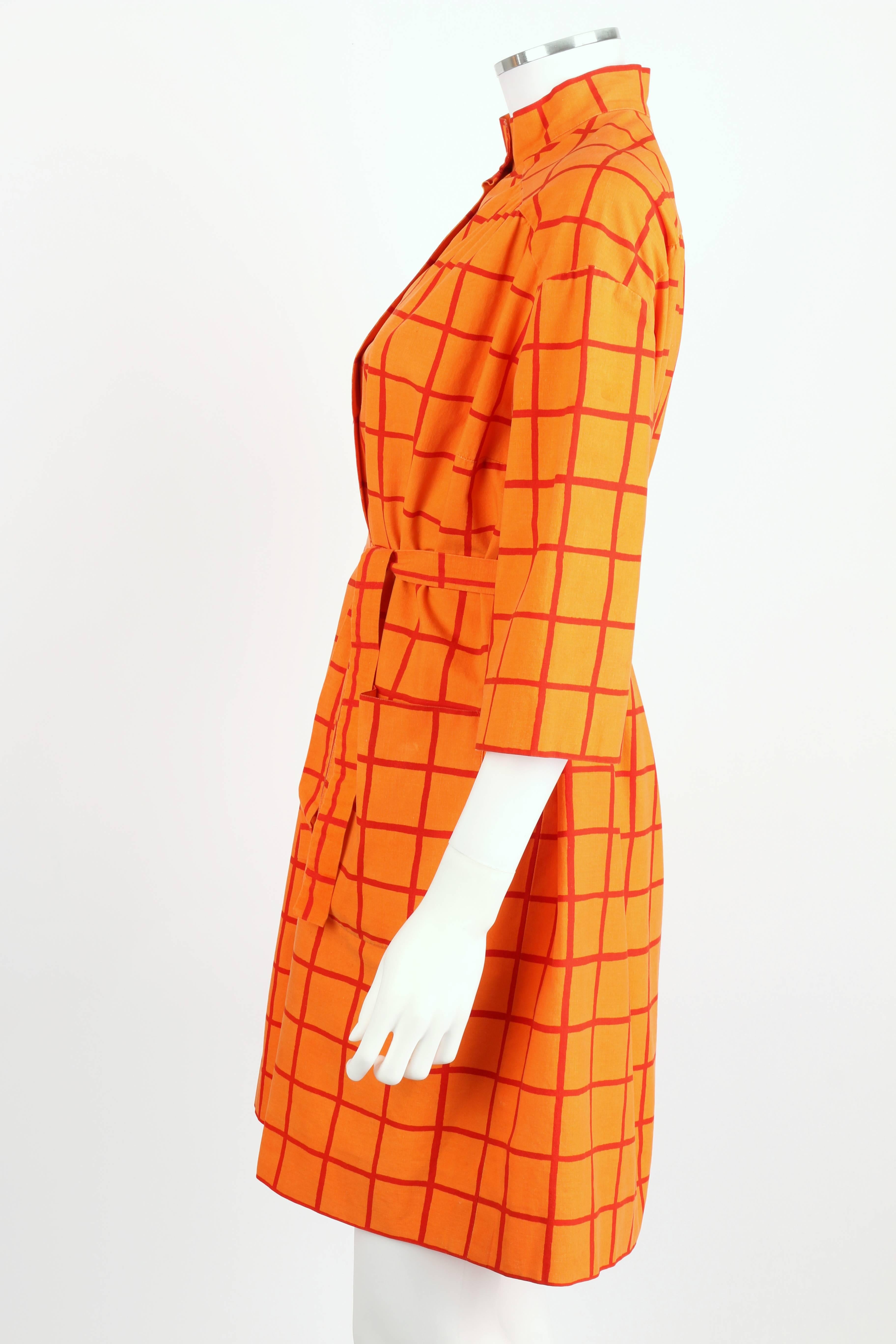 MARIMEKKO Design Research 1960s Orange Window Pane Cotton Button Up Coat Dress In Excellent Condition In Thiensville, WI