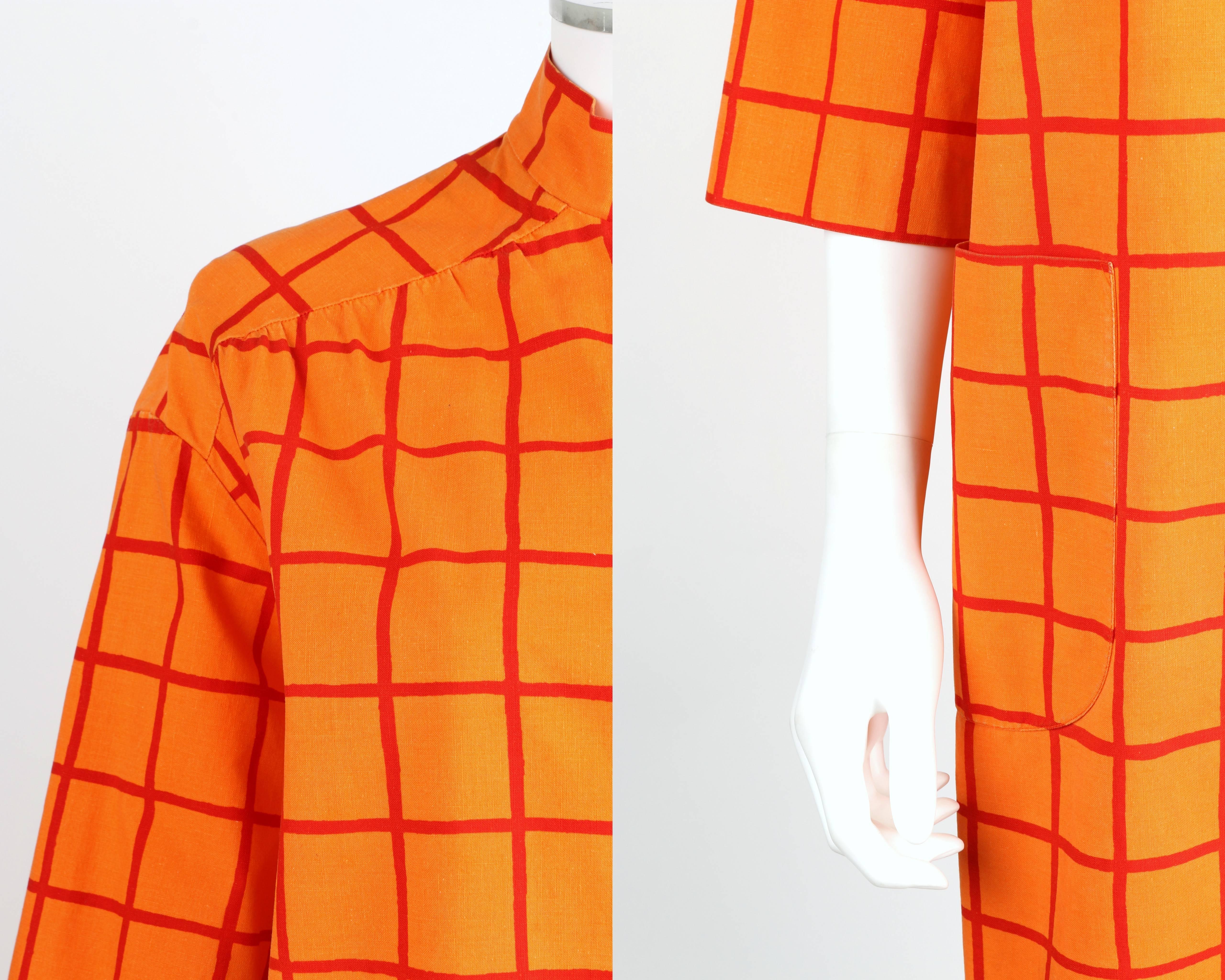 MARIMEKKO Design Research 1960s Orange Window Pane Cotton Button Up Coat Dress 1