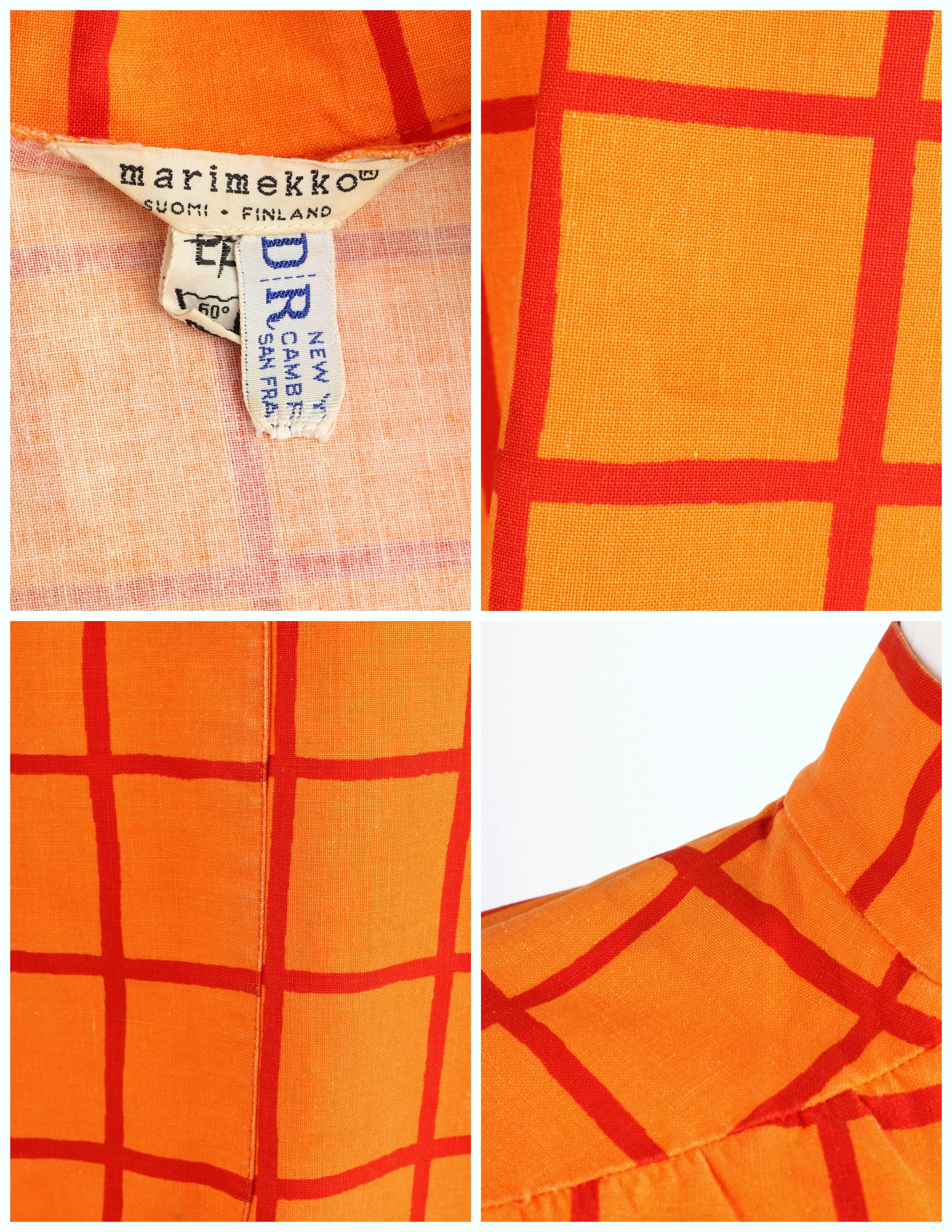 MARIMEKKO Design Research 1960s Orange Window Pane Cotton Button Up Coat Dress 4