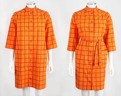 MARIMEKKO Design Research 1960s Orange Window Pane Cotton Button Up Coat Dress