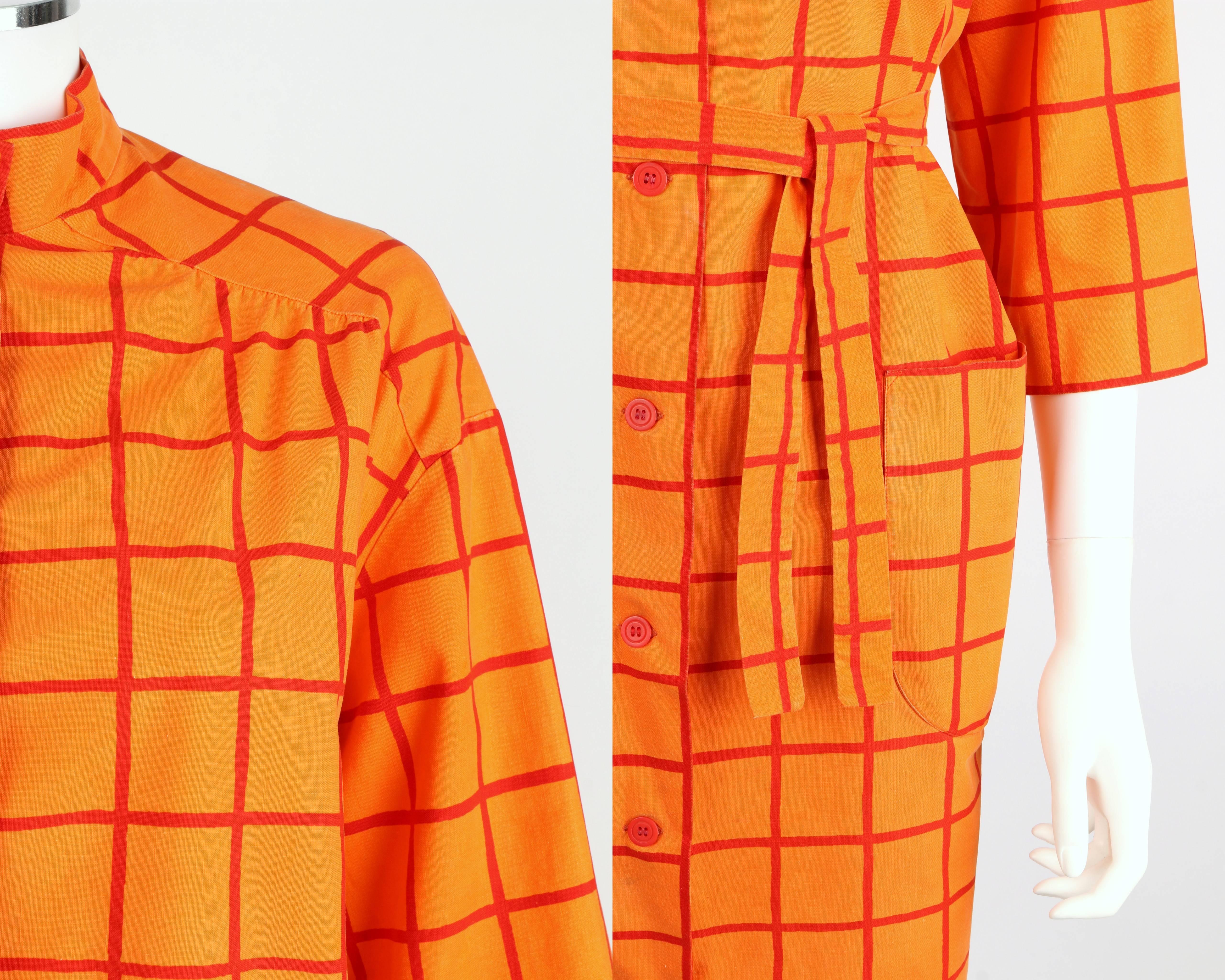 MARIMEKKO Design Research 1960s Orange Window Pane Cotton Button Up Coat Dress 2