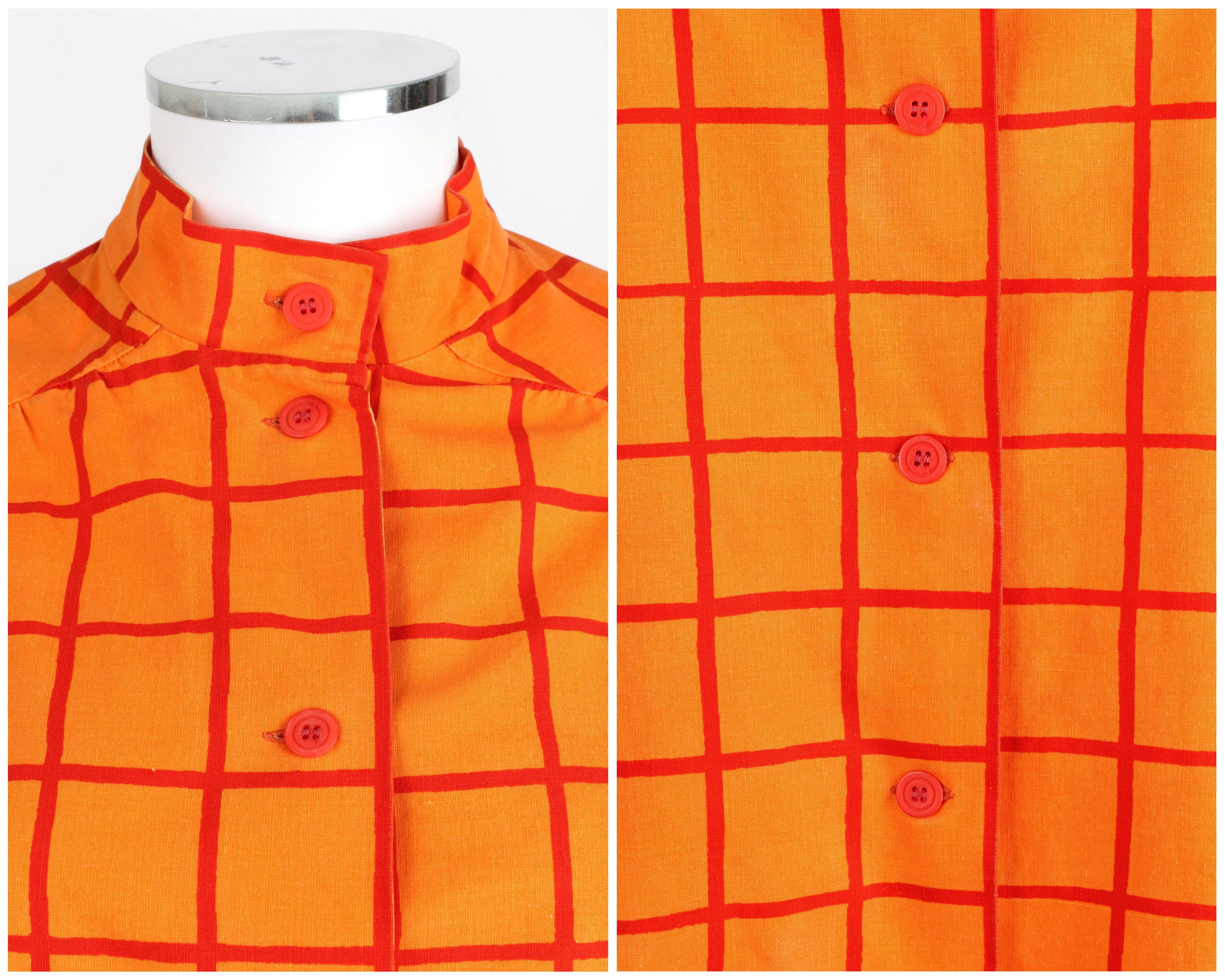 Women's MARIMEKKO Design Research 1960s Orange Window Pane Cotton Button Up Coat Dress