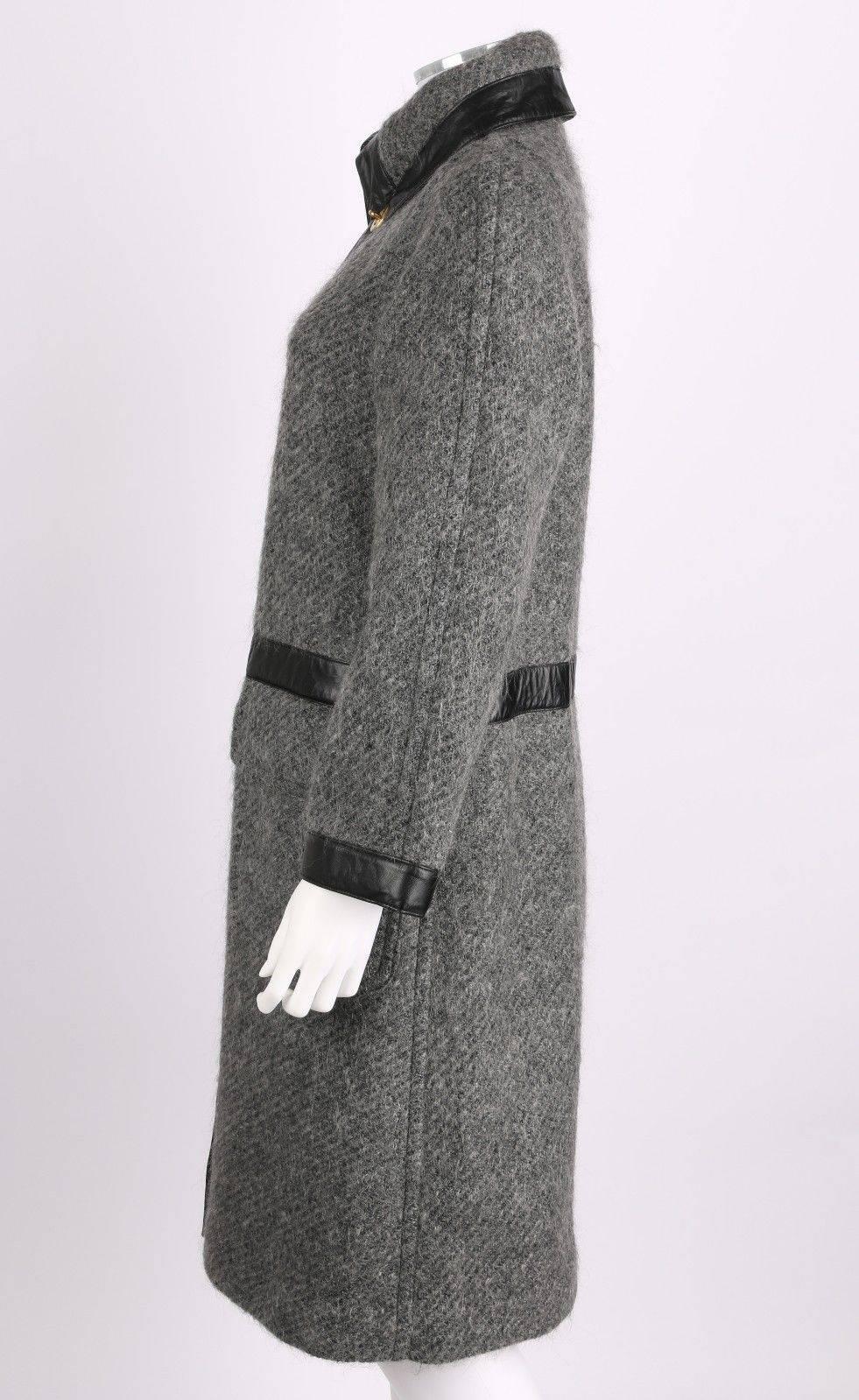 Women's BONNIE CASHIN Sills 1960s Gray Wool Mohair Black Leather Trim Gold Turnlock Coat