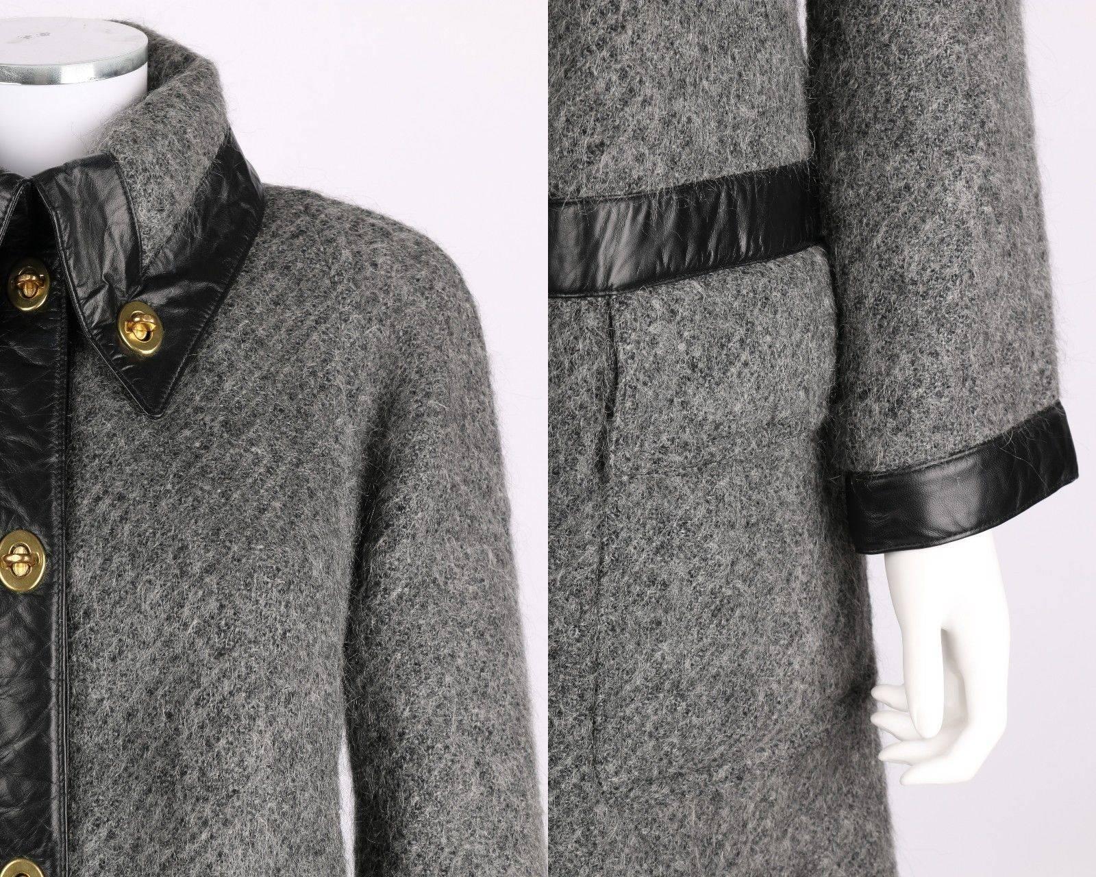 BONNIE CASHIN Sills 1960s Gray Wool Mohair Black Leather Trim Gold Turnlock Coat 2