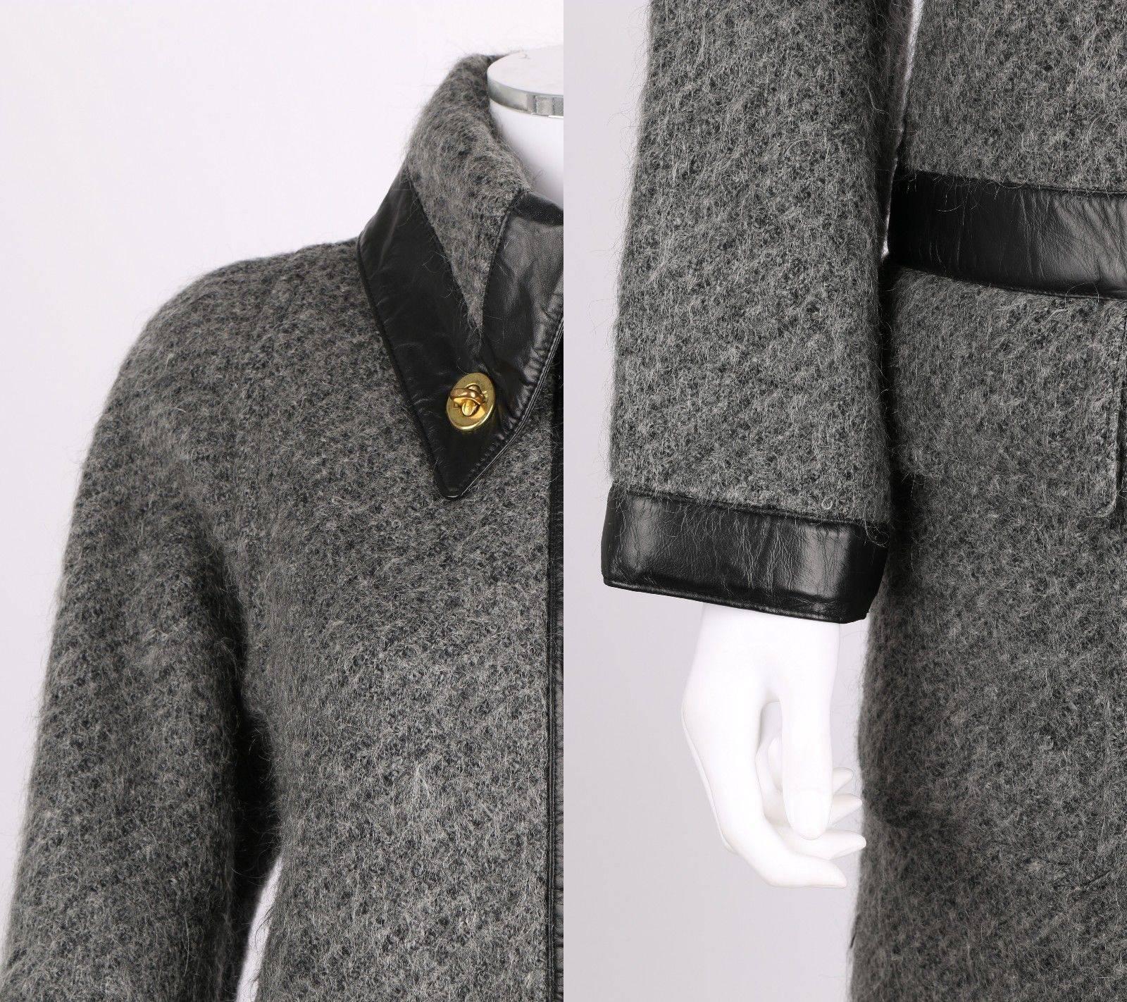 BONNIE CASHIN Sills 1960s Gray Wool Mohair Black Leather Trim Gold Turnlock Coat 1