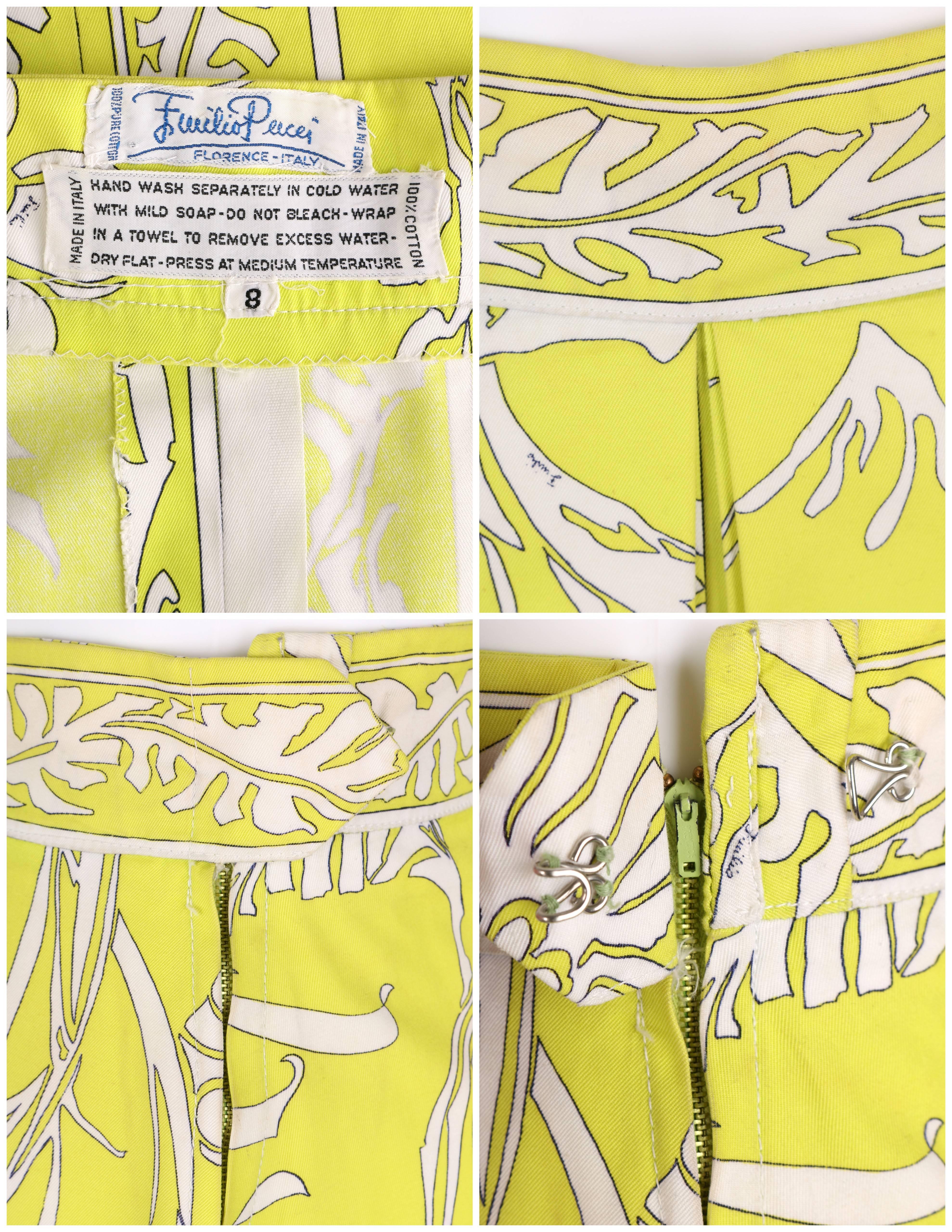 EMILIO PUCCI 1970s Chartreuse Floral Motif Print Cotton Pleated Skirt Size 8 5