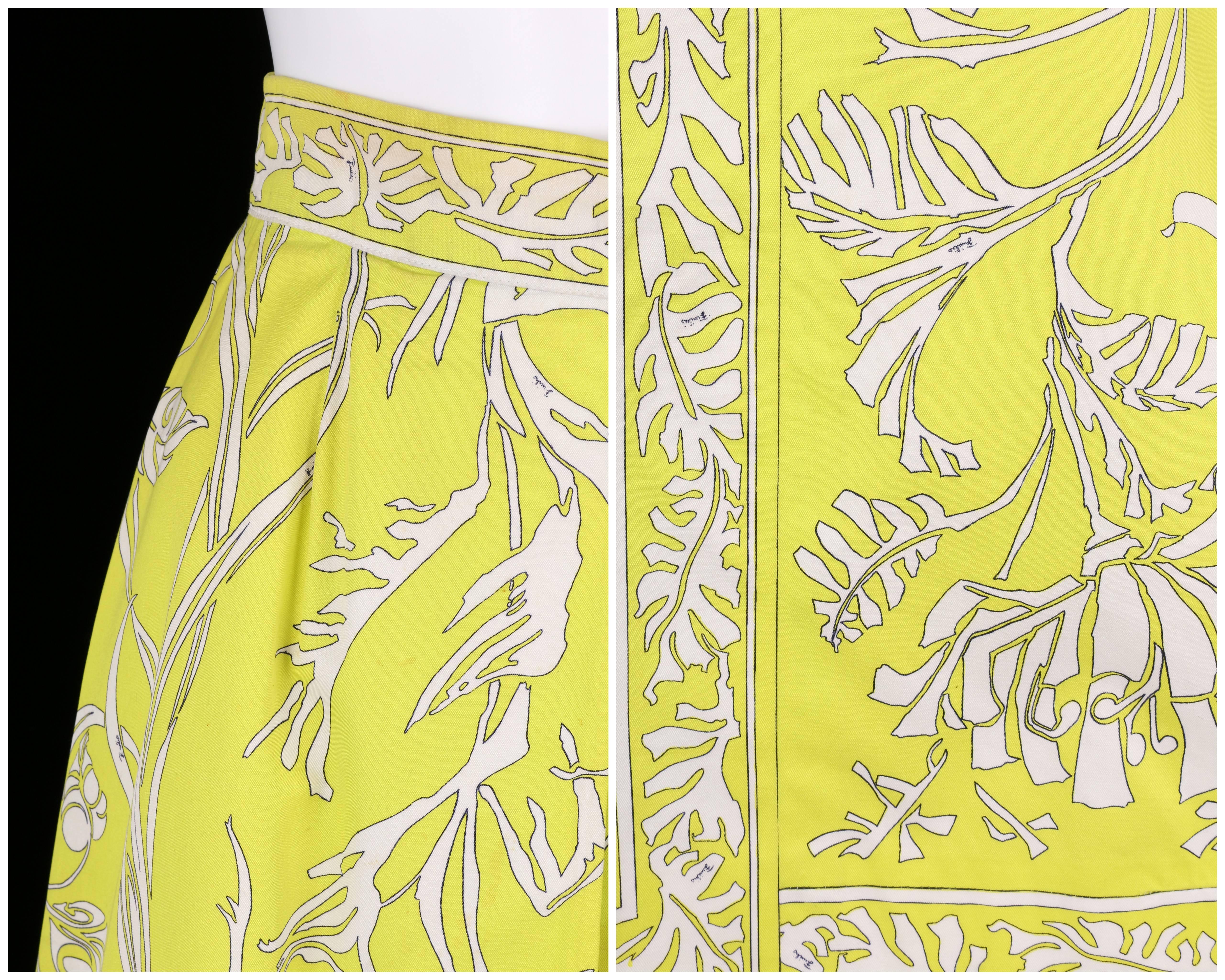 EMILIO PUCCI 1970s Chartreuse Floral Motif Print Cotton Pleated Skirt Size 8 2