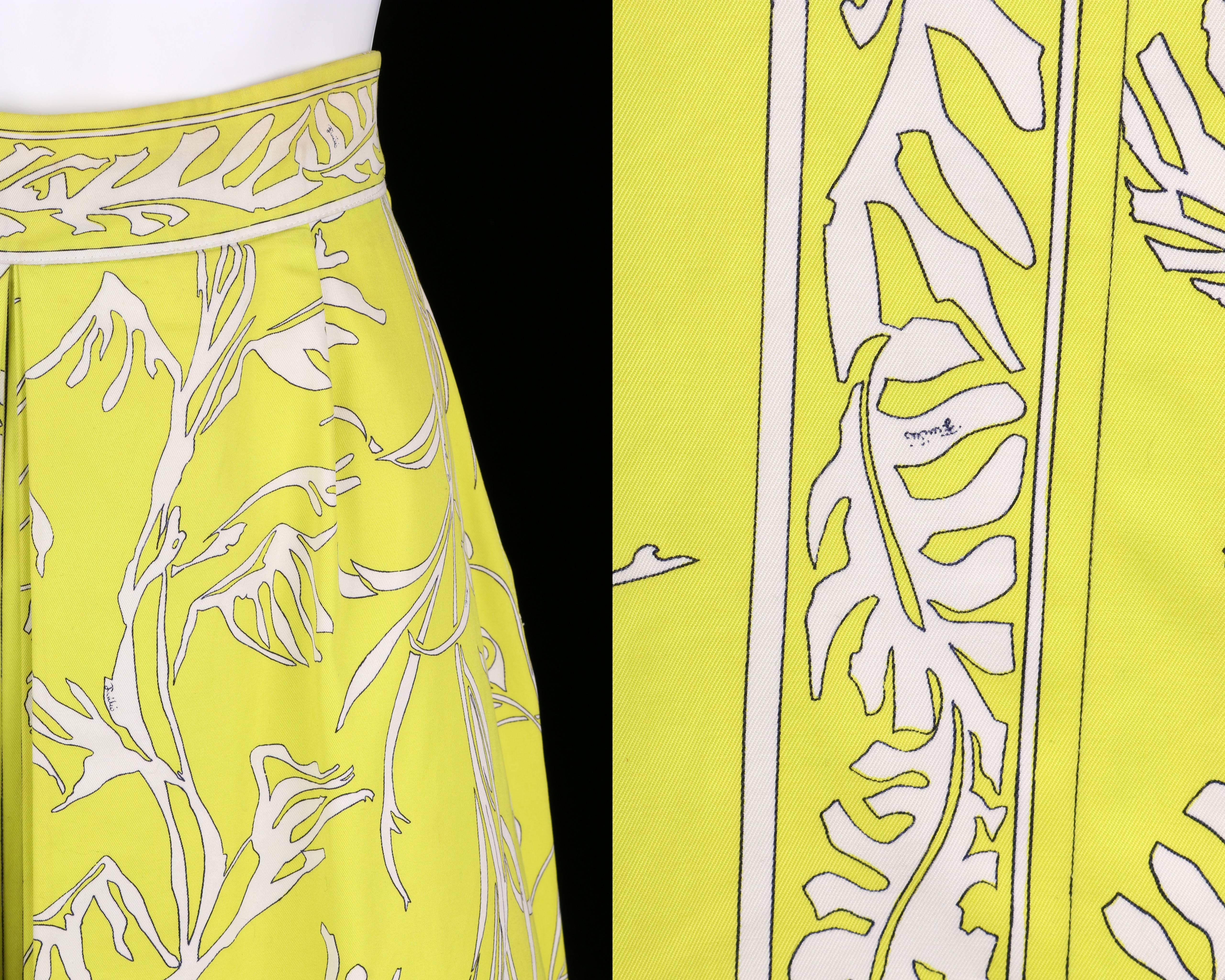 EMILIO PUCCI 1970s Chartreuse Floral Motif Print Cotton Pleated Skirt Size 8 3