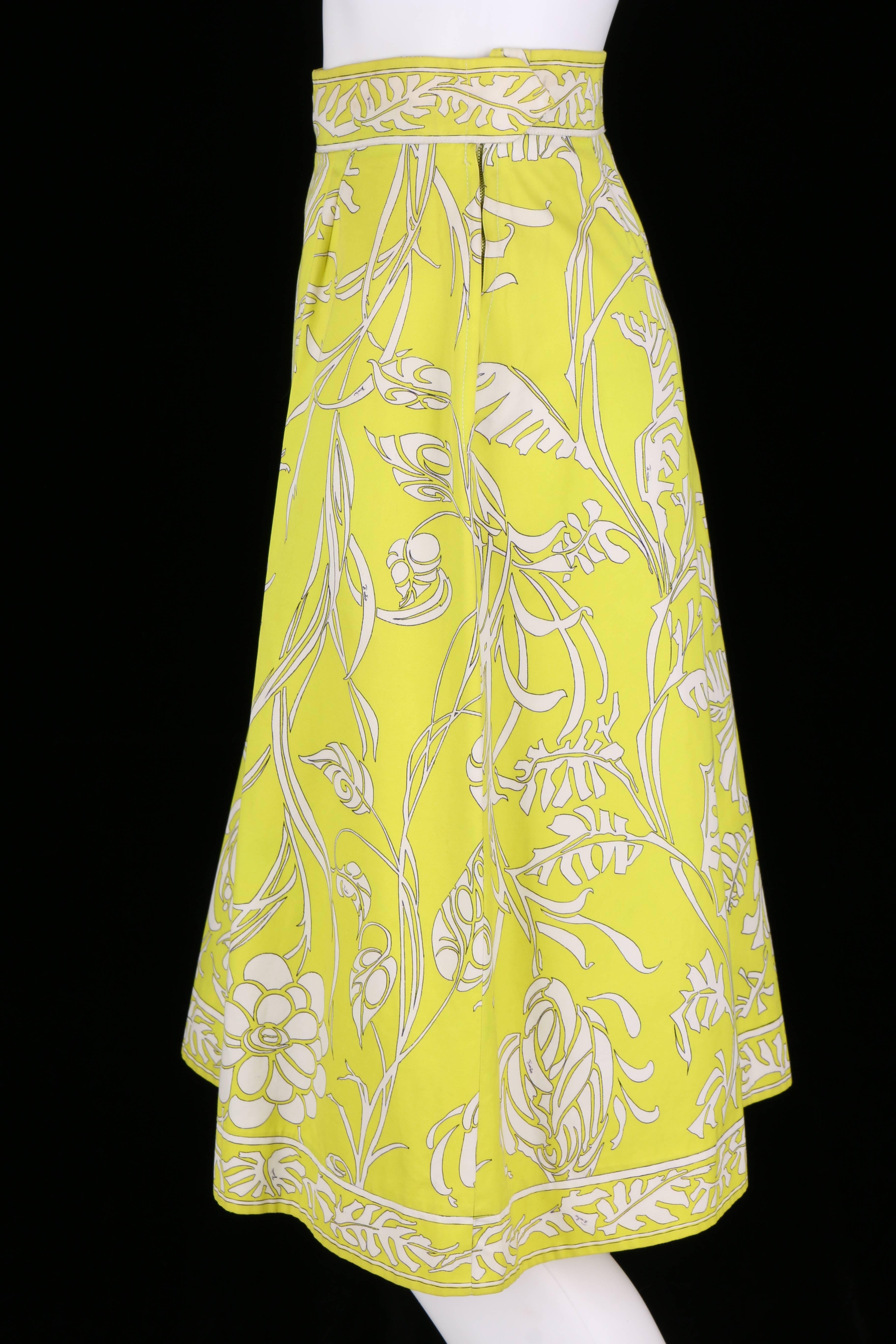 Women's EMILIO PUCCI 1970s Chartreuse Floral Motif Print Cotton Pleated Skirt Size 8