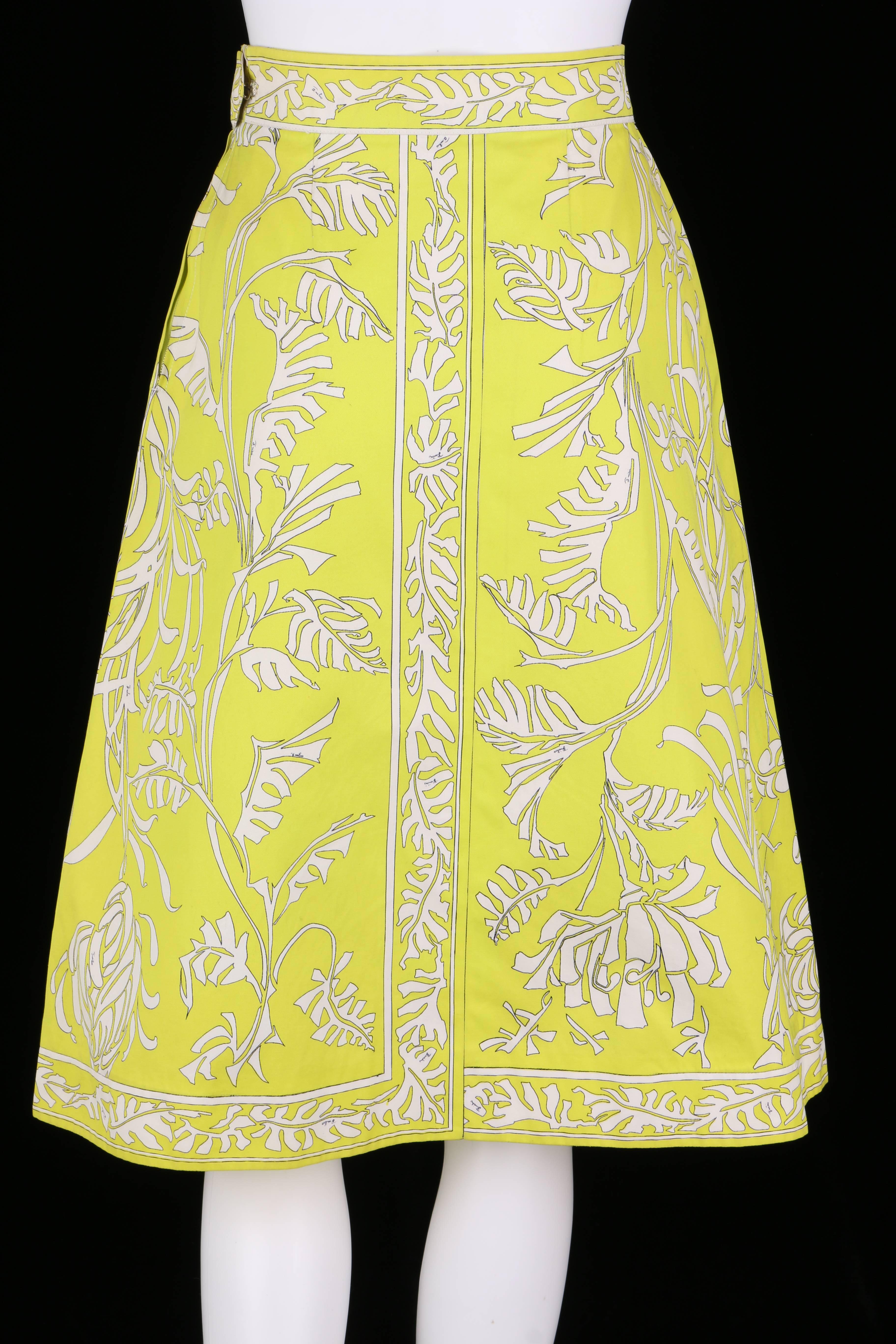 EMILIO PUCCI 1970s Chartreuse Floral Motif Print Cotton Pleated Skirt Size 8 In Excellent Condition In Thiensville, WI