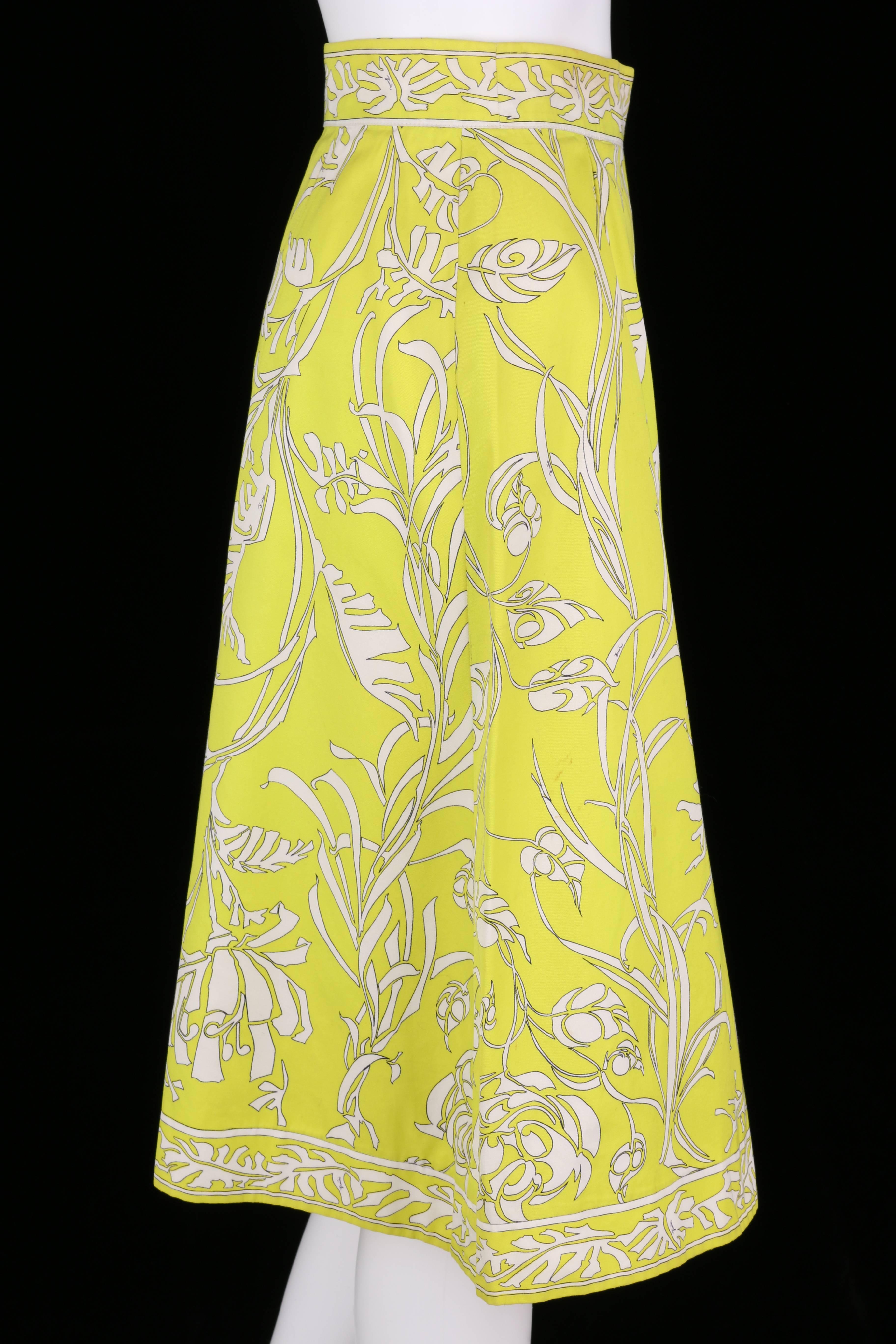 Yellow EMILIO PUCCI 1970s Chartreuse Floral Motif Print Cotton Pleated Skirt Size 8