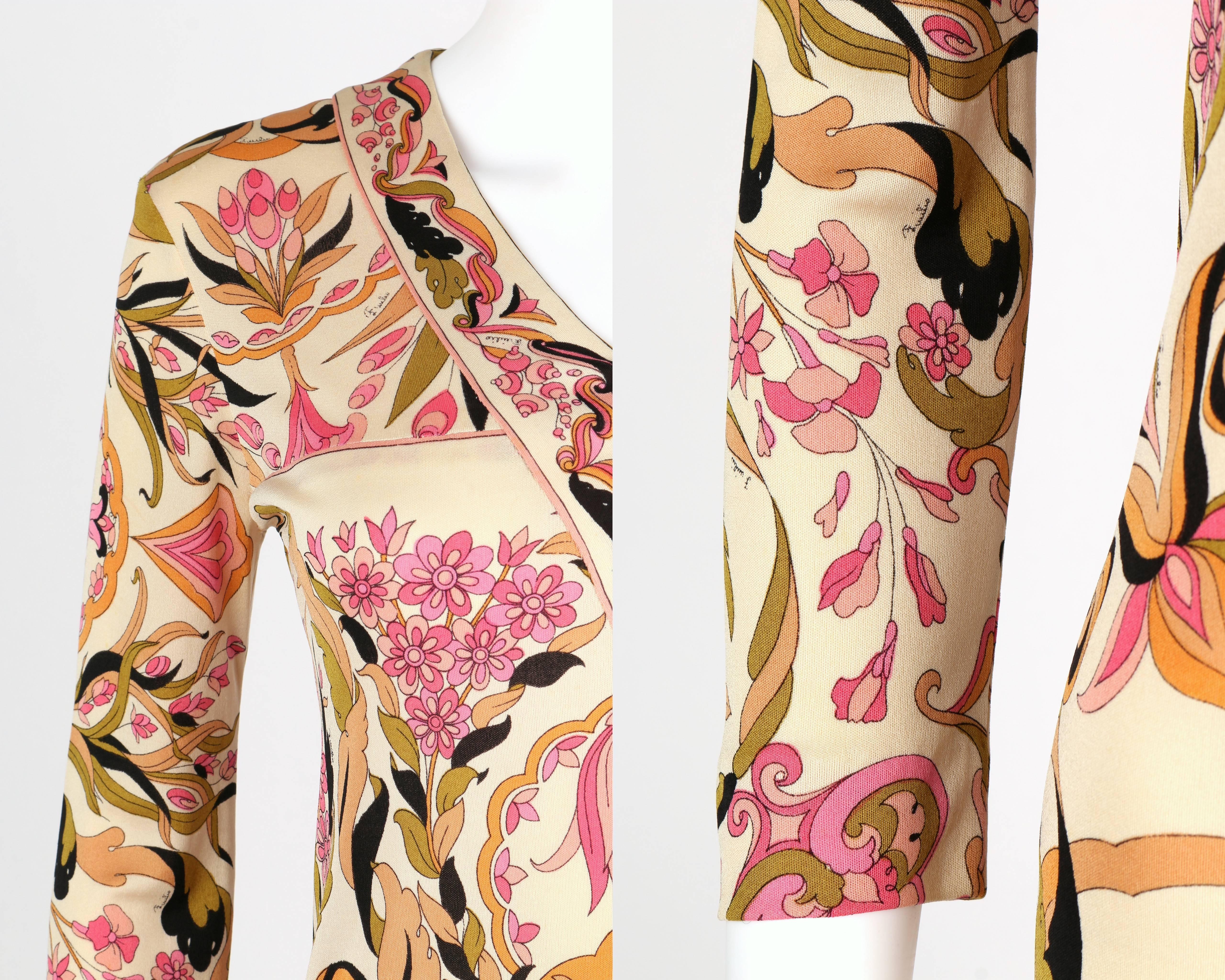 EMILIO PUCCI 1960's Pink Multicolor Kaleidoscope Floral Print Silk Sheath Dress In Good Condition For Sale In Thiensville, WI