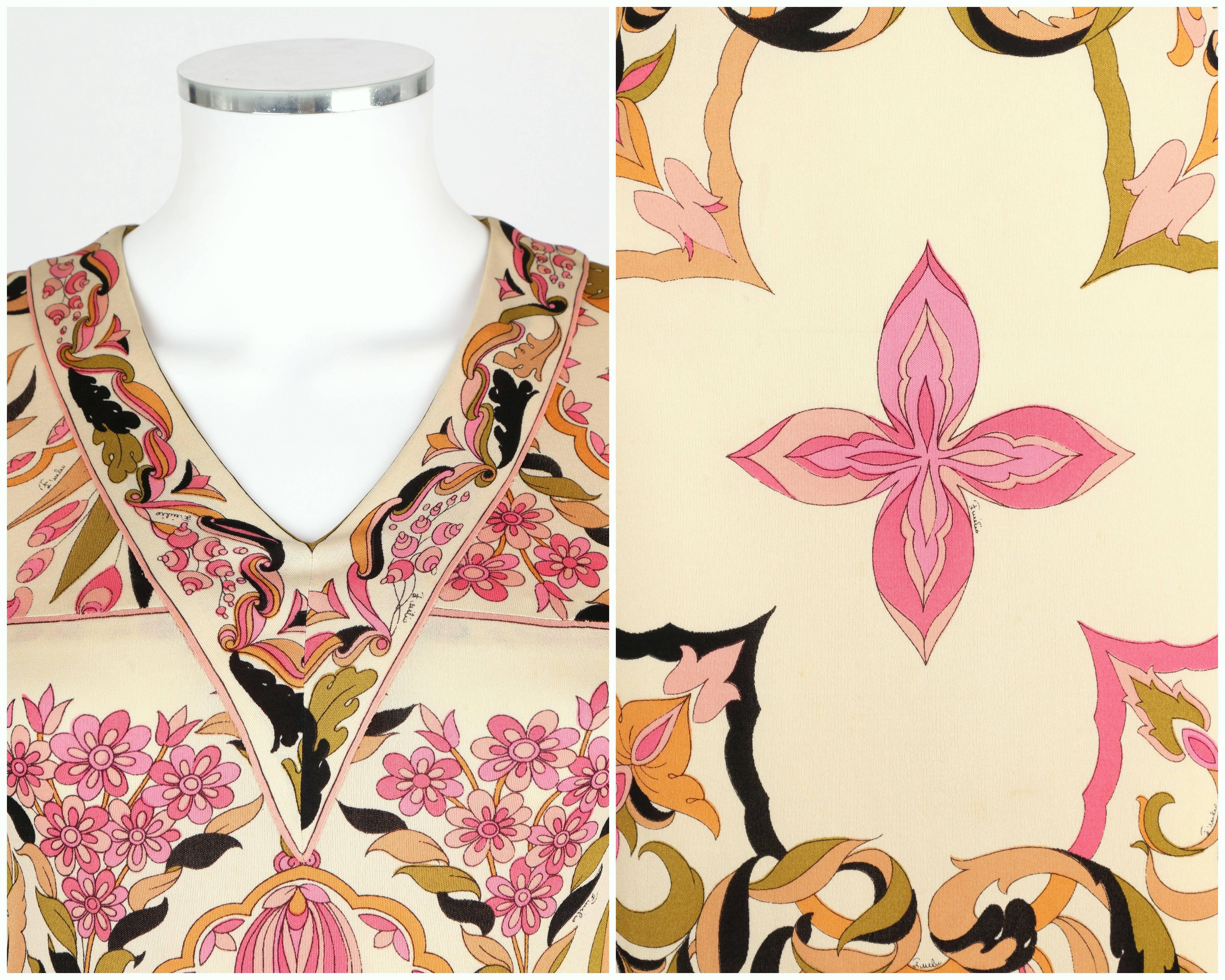 Beige EMILIO PUCCI 1960's Pink Multicolor Kaleidoscope Floral Print Silk Sheath Dress For Sale