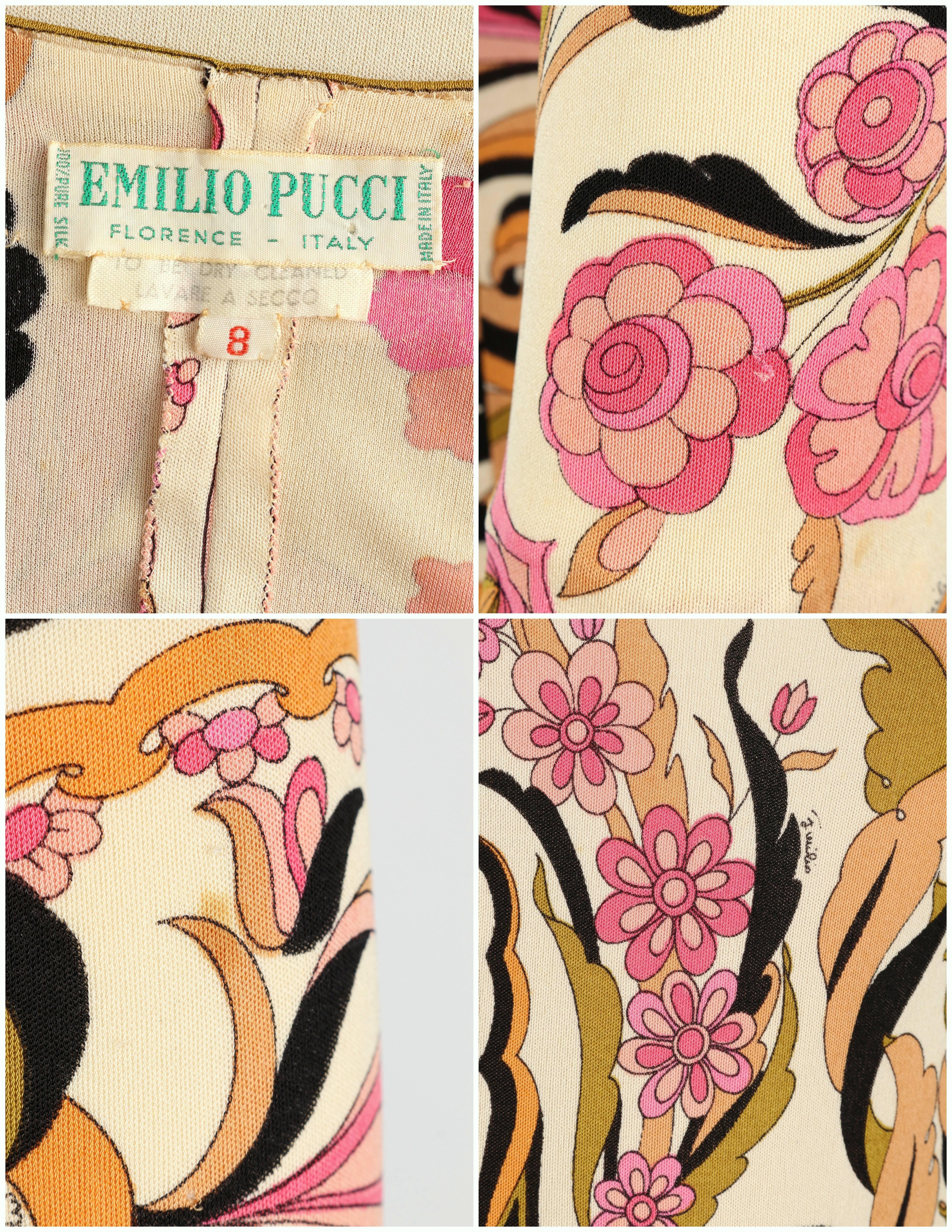 EMILIO PUCCI Robe fourreau en soie rose à imprimé floral kaléidoscope multicolore, années 1960 en vente 4