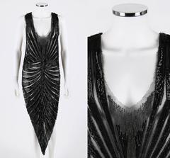 COUTURE c.1920s Black Heavily Jet Beaded Drop Waist Tabard Flapper Evening Dress