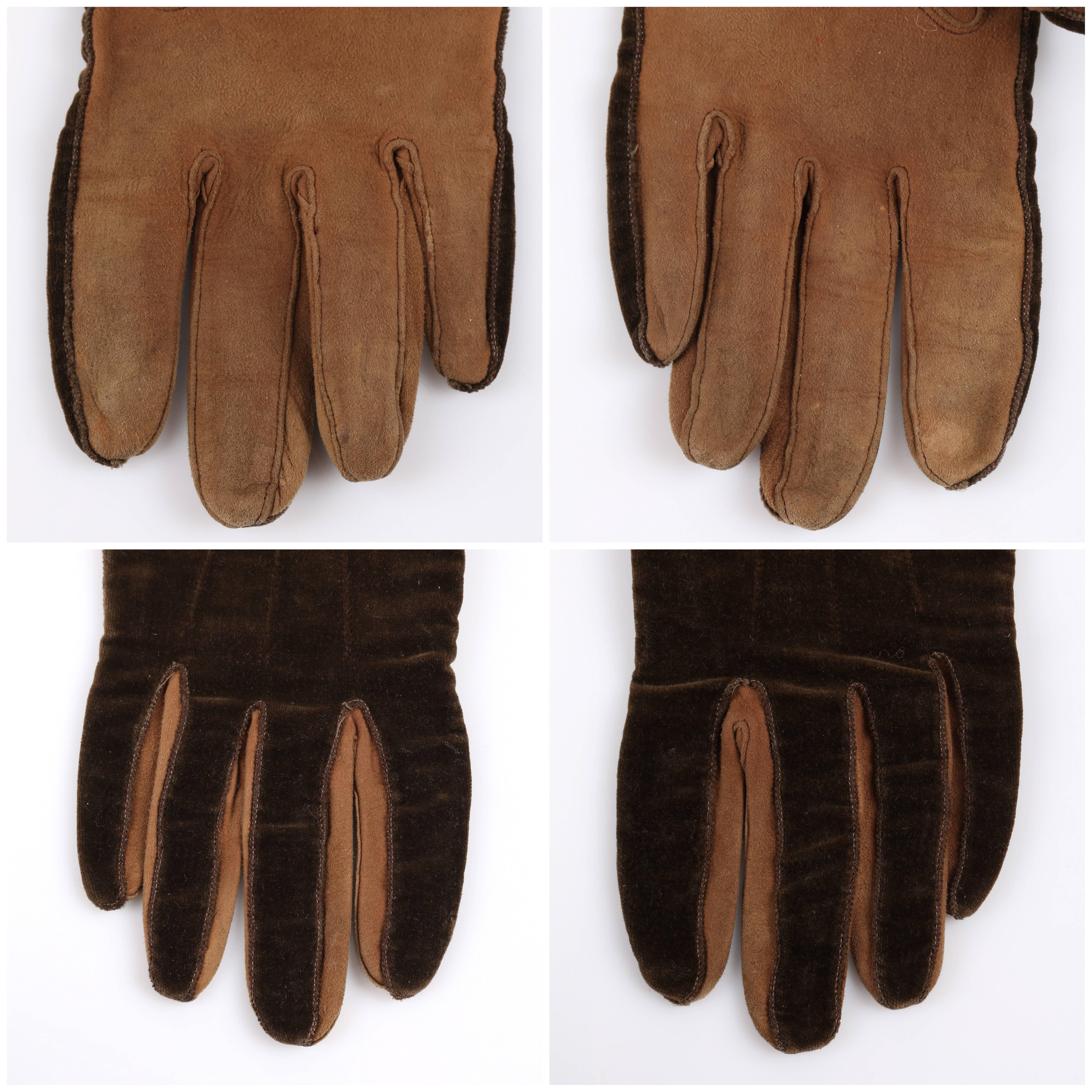 CHANEL 1930s Brown Velvet Suede Leather Elbow Length Flapper Gloves Size 7 In Excellent Condition In Thiensville, WI