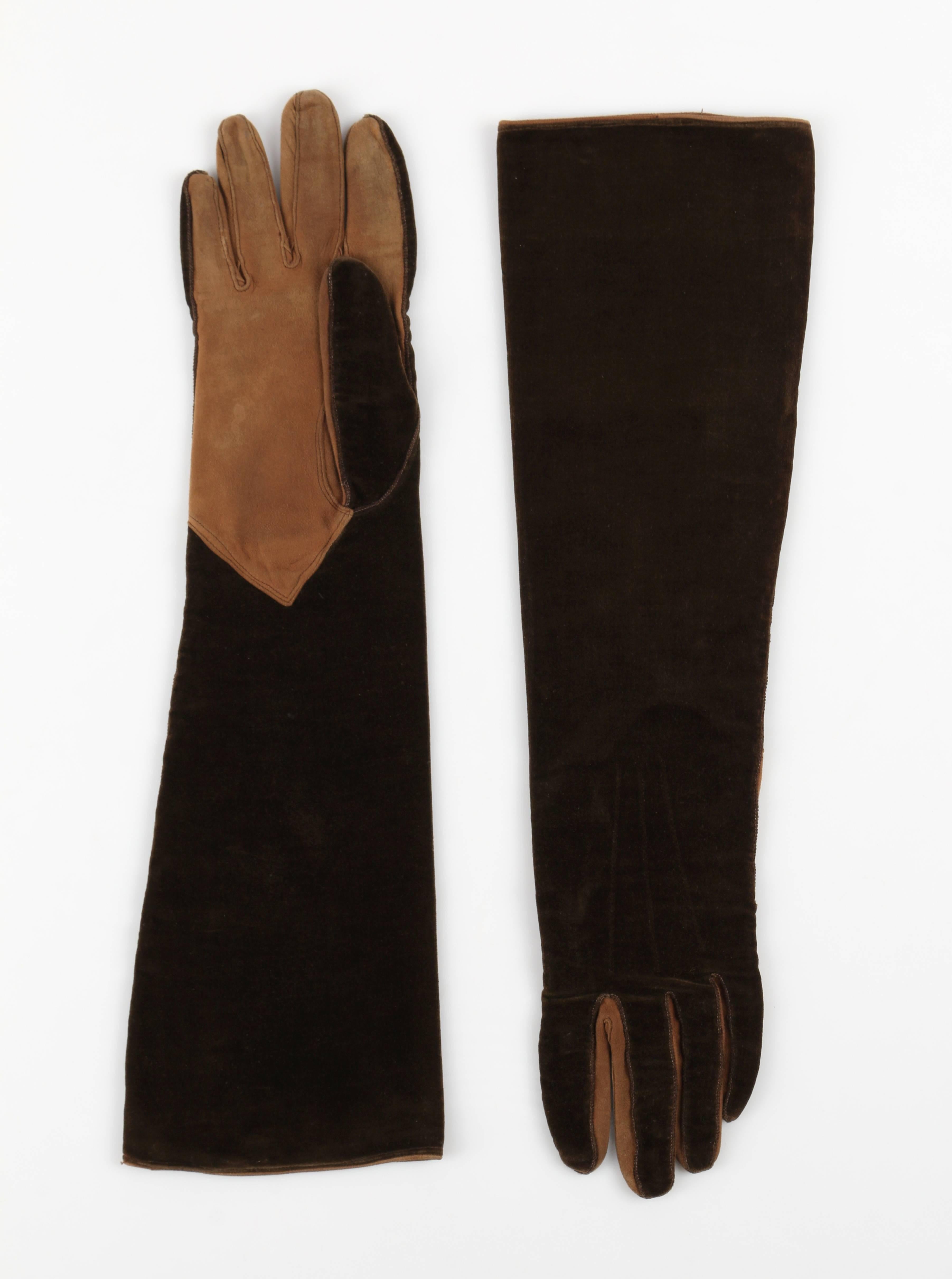 MUSEUM QUALITY: Vintage c.1930s Chanel brown velvet and suede leather gloves. Suede leather at palm and fingers. 3 pin tucks along top. Elbow length. Unmarked Fabric Content: Velvet and genuine leather suede. Marked Size: Marked size of