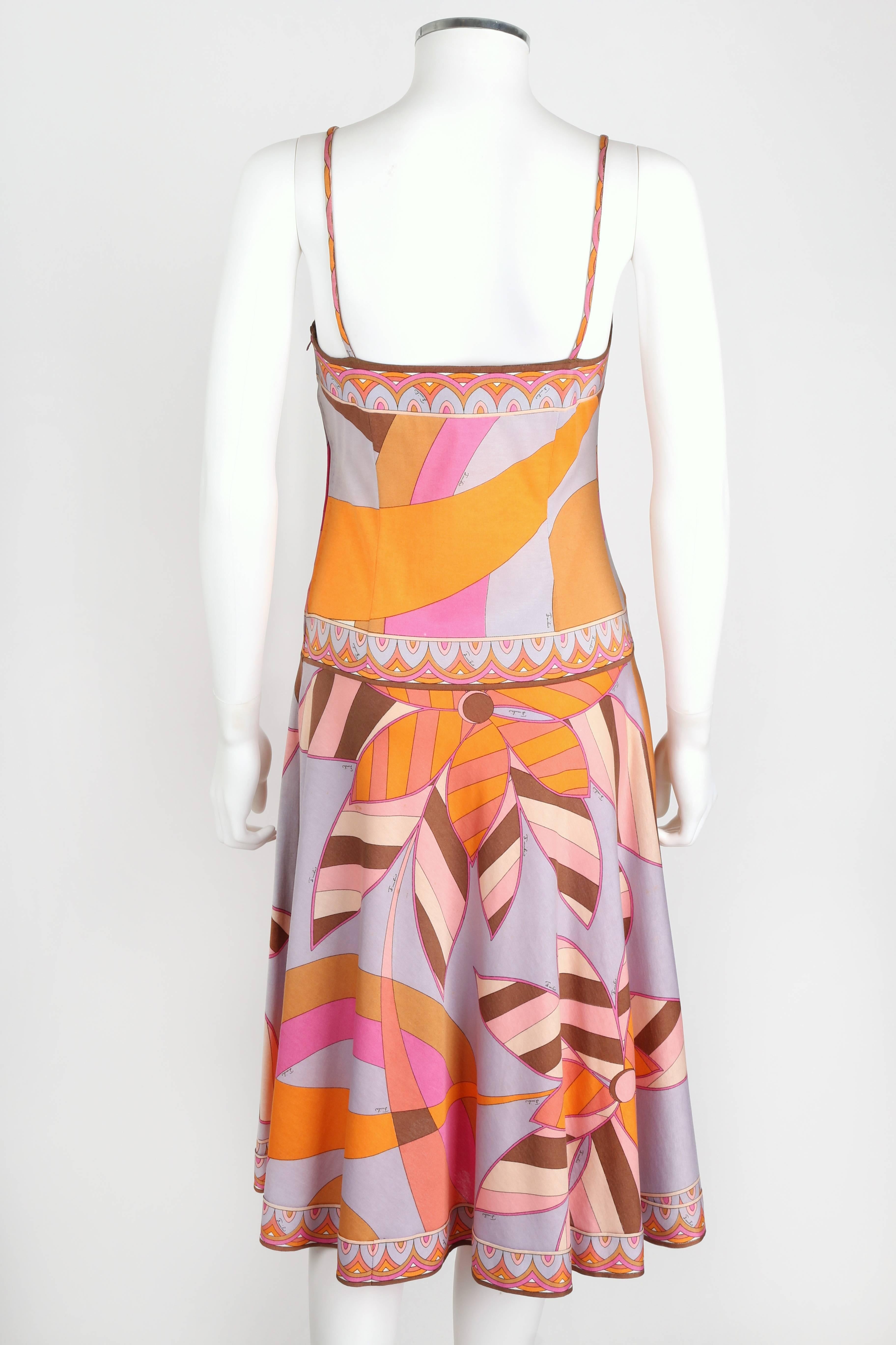 EMILIO PUCCI c.1970s Multicolor Floral Print Cotton Jersey Drop Waist Sundress In Good Condition In Thiensville, WI