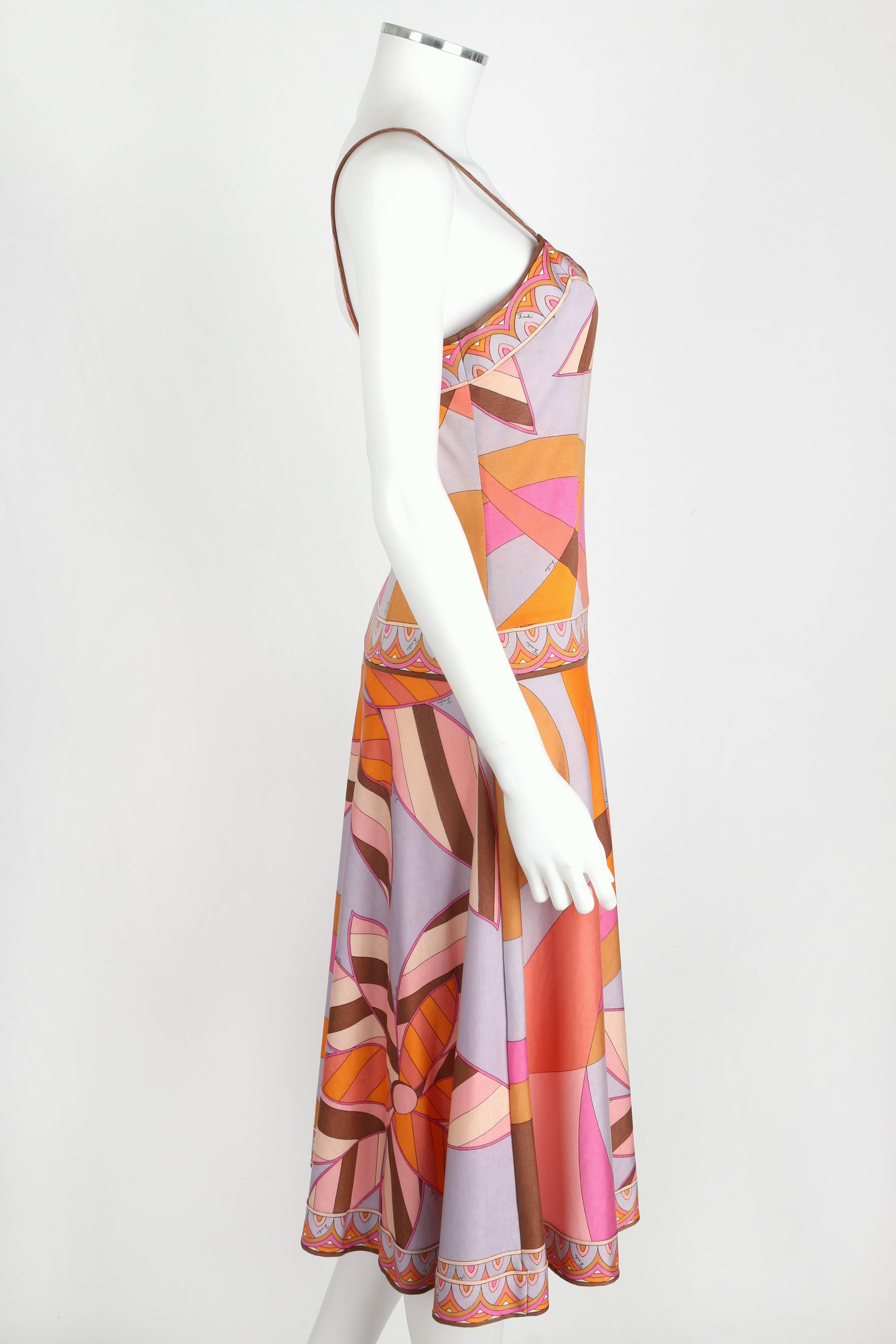 Beige EMILIO PUCCI c.1970s Multicolor Floral Print Cotton Jersey Drop Waist Sundress