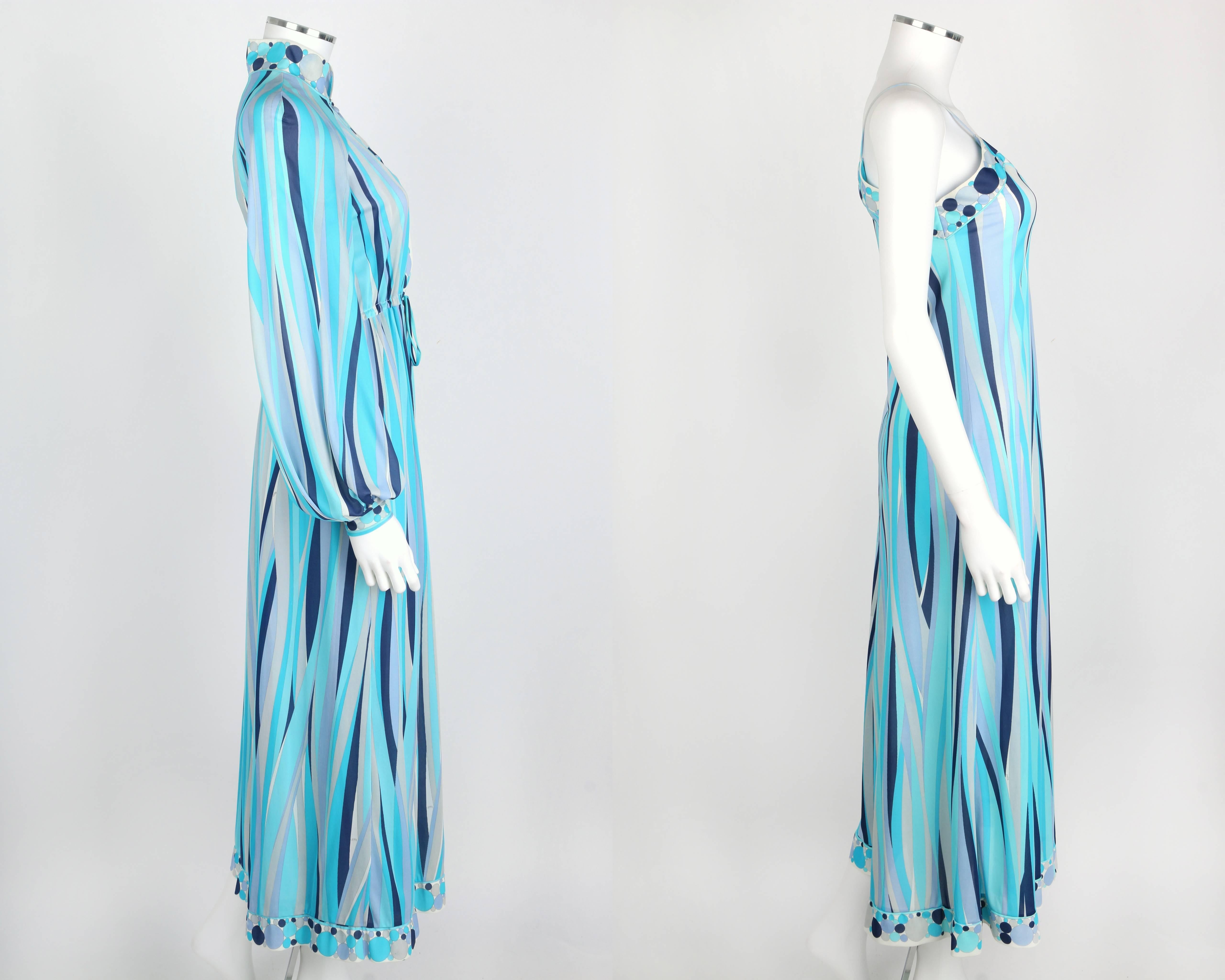 EMILIO PUCCI 1960s Formfit Rogers 2pc Blue Signature Print Maxi Dress Lounge Set In Good Condition In Thiensville, WI