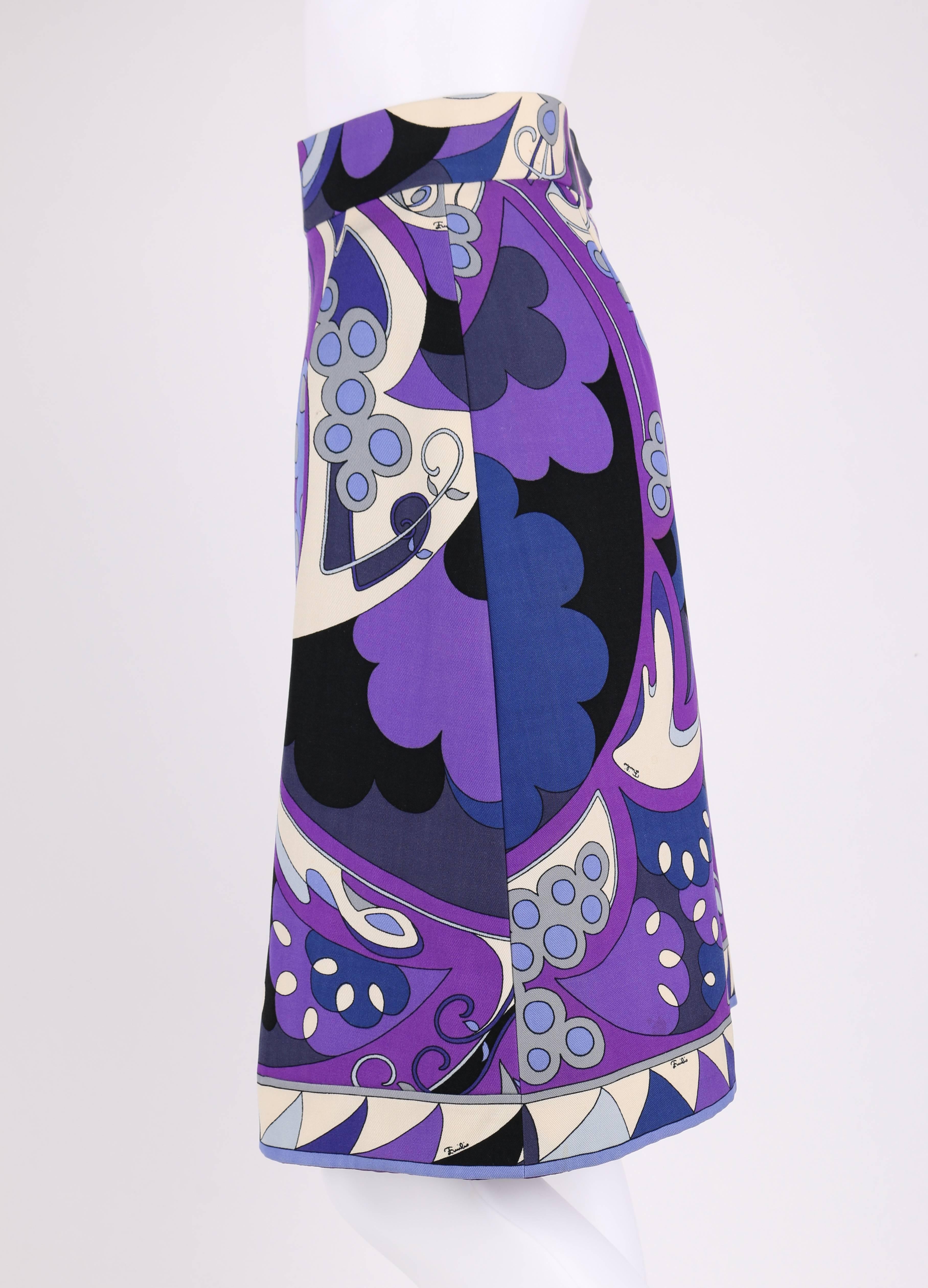EMILIO PUCCI 1960s Purple Mediterranean Motif Signature Print Wool A-Line Skirt 1