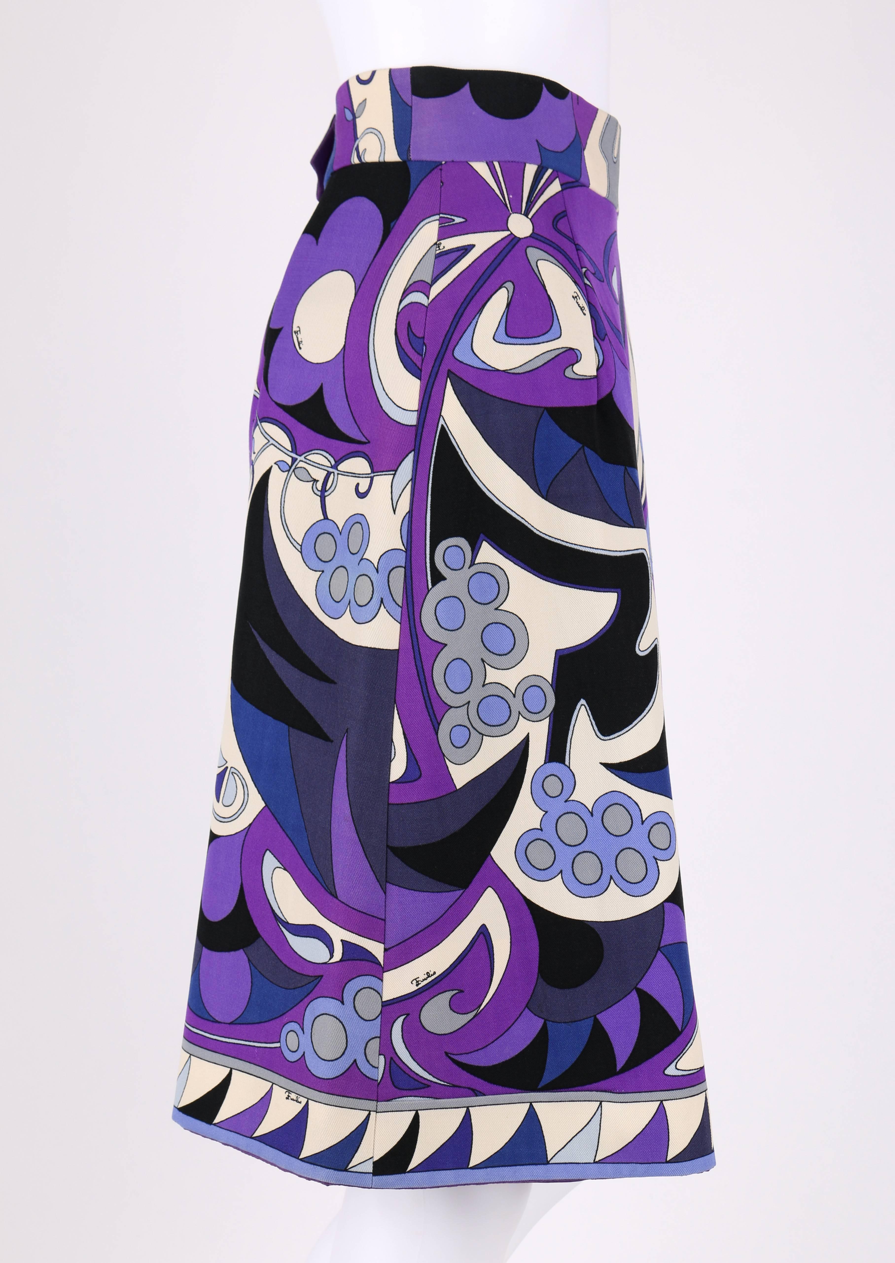 EMILIO PUCCI 1960s Purple Mediterranean Motif Signature Print Wool A-Line Skirt In Excellent Condition In Thiensville, WI