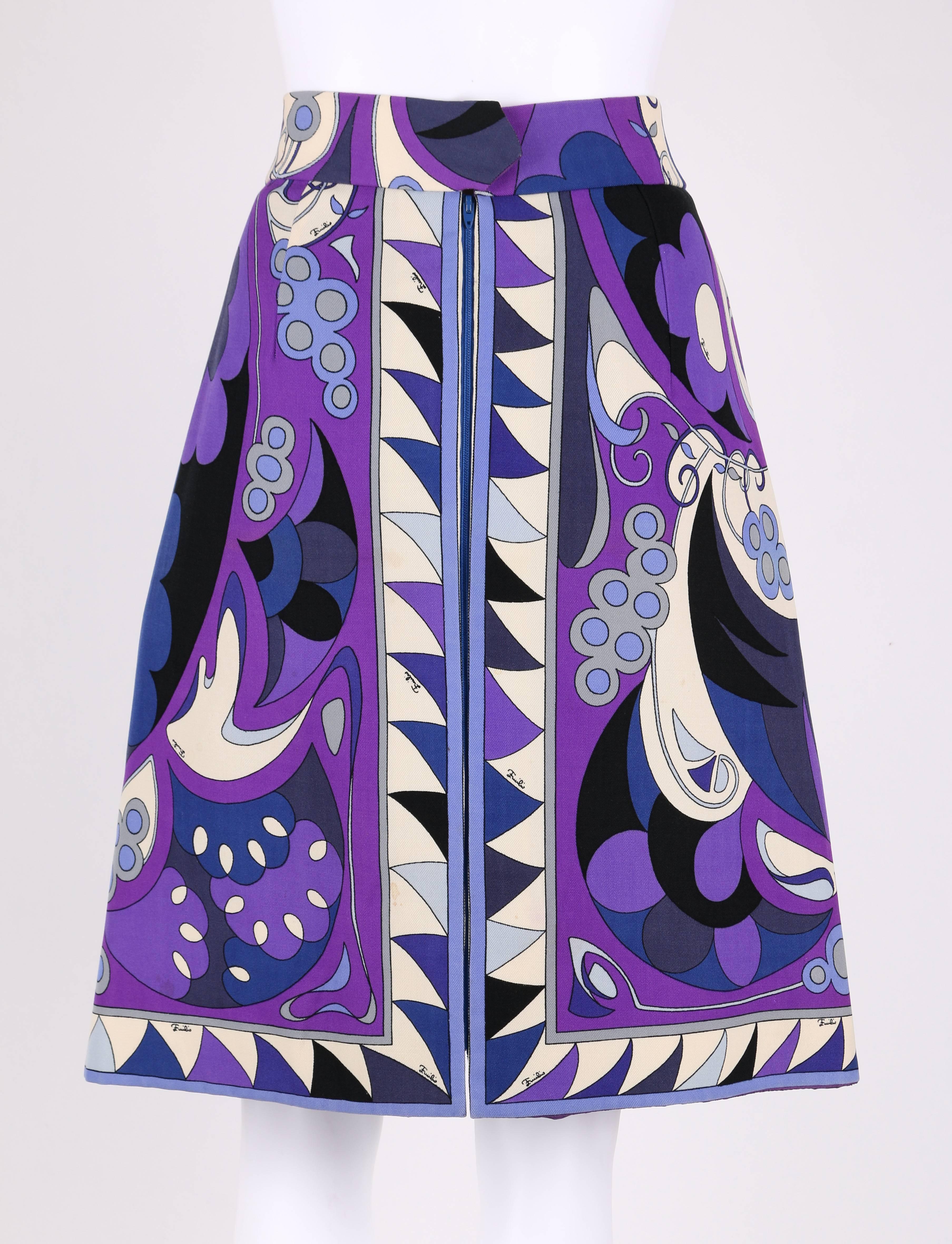 Women's EMILIO PUCCI 1960s Purple Mediterranean Motif Signature Print Wool A-Line Skirt