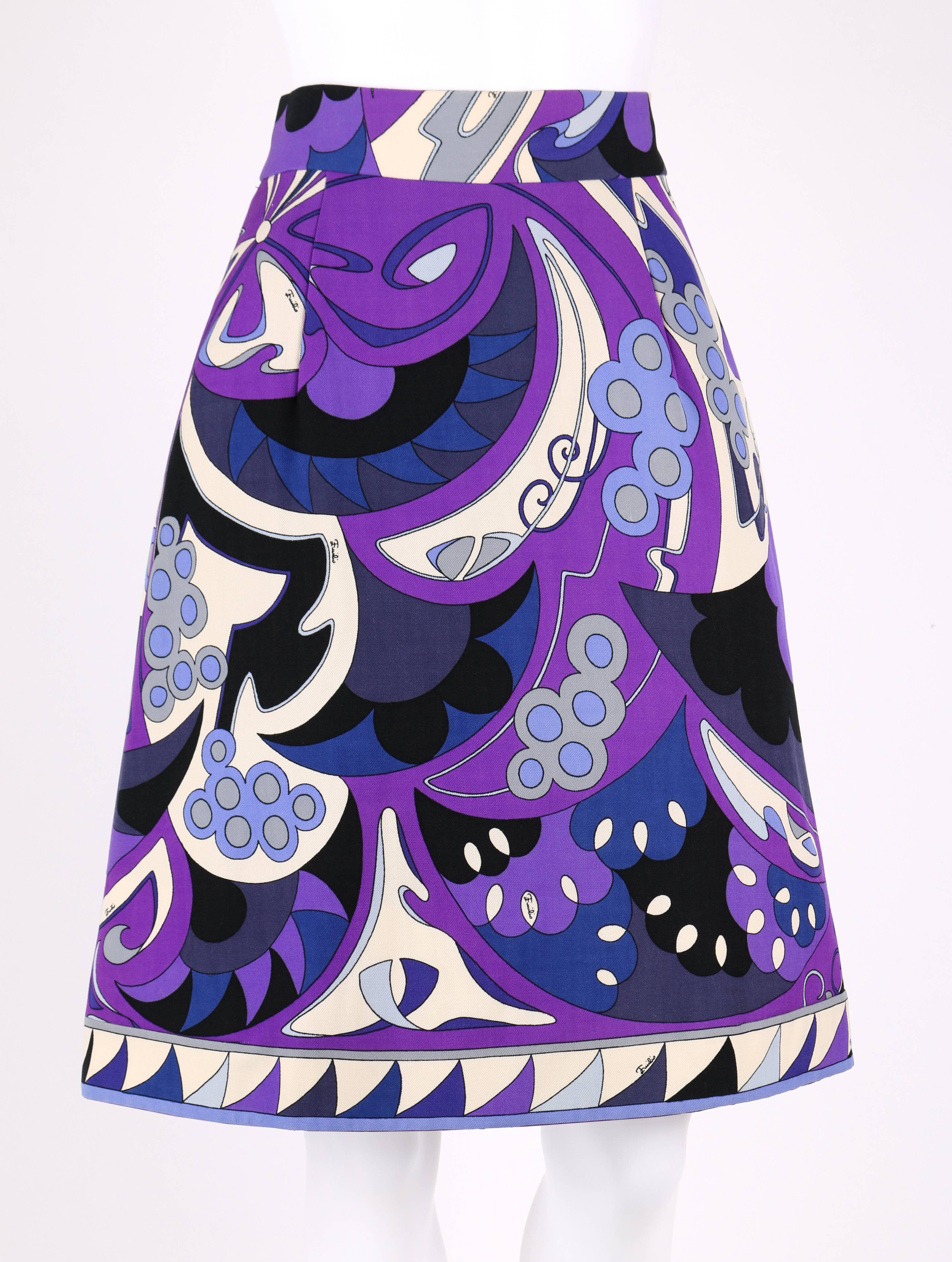 Vintage c.1960s Emilio Pucci purple and blue Mediterranean motif signature print wool skirt. Decorative border along hemline and zipper. Back center zip with snap and hook and eye. Fully Lined. Please note that this item was clipped to better fit