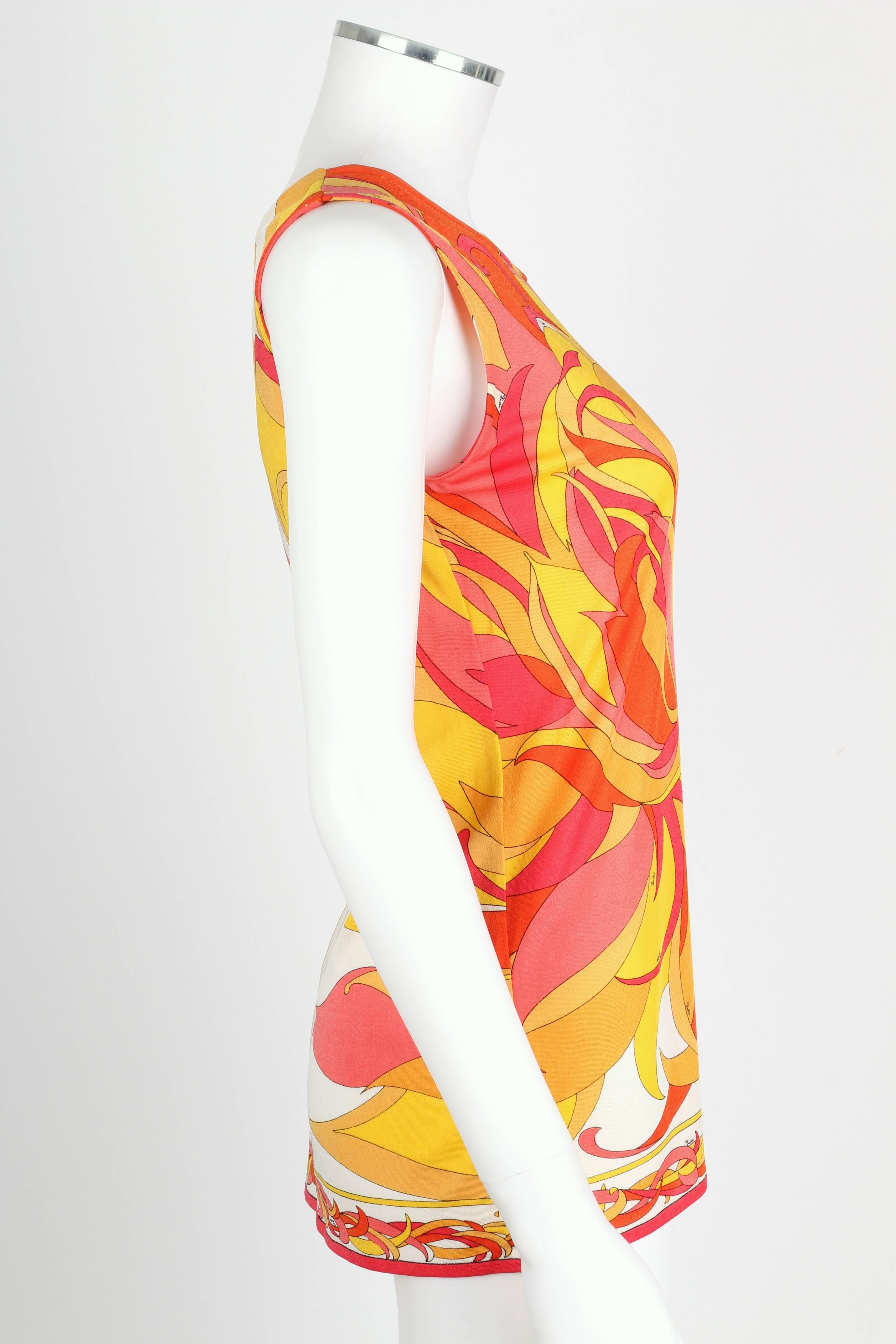 EMILIO PUCCI 1970s Orange Multicolor Floral Motif Silk Jersey Sleeveless Top In Good Condition In Thiensville, WI