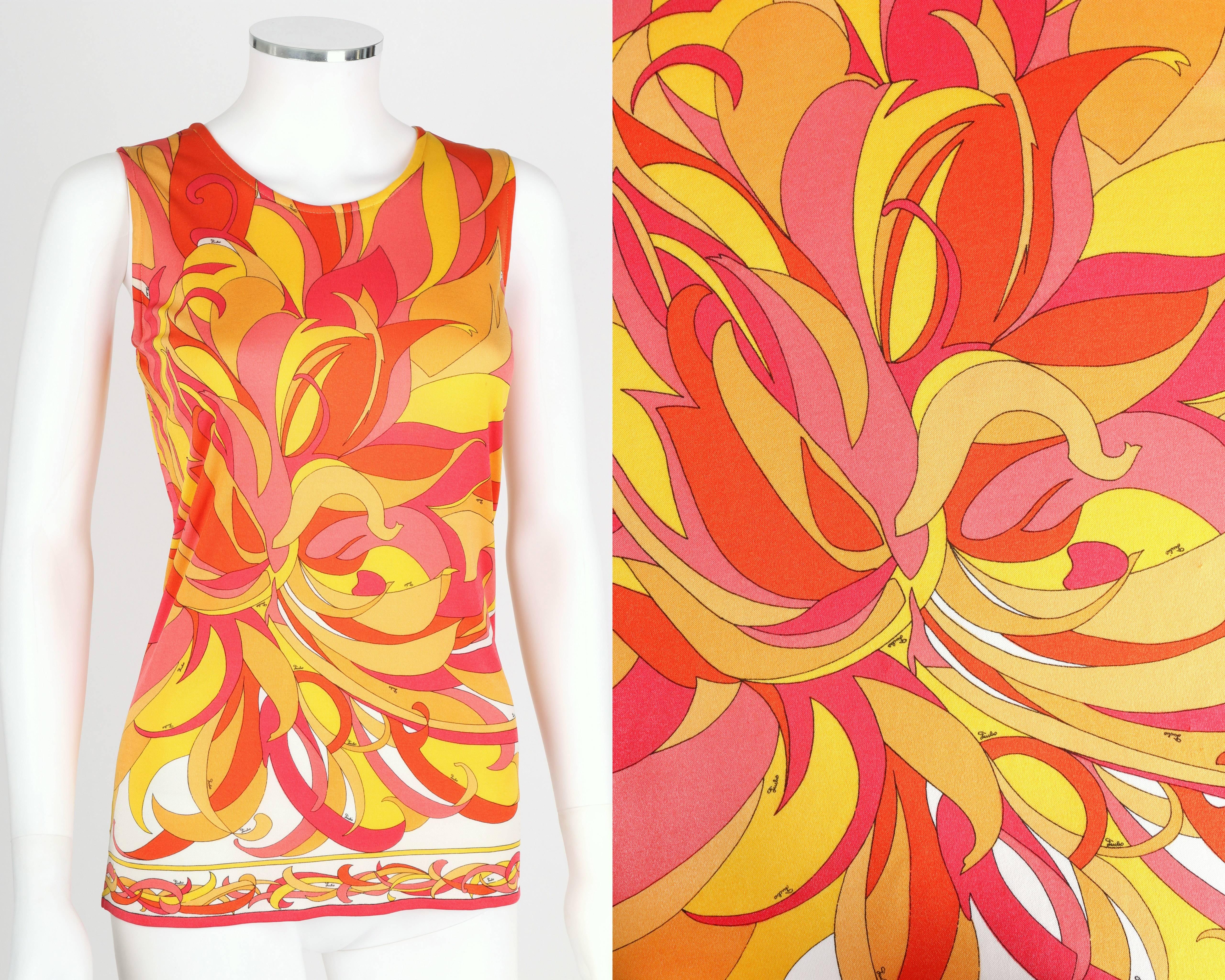 Vintage c.1970s Emilio Pucci orange, red, pink, yellow and white multicolor silk blend jersey top. Abstract chrysanthemum motif signature print. Sleeveless. Round neckline. Slip-on style. Please note that this item was pinned to better fit our