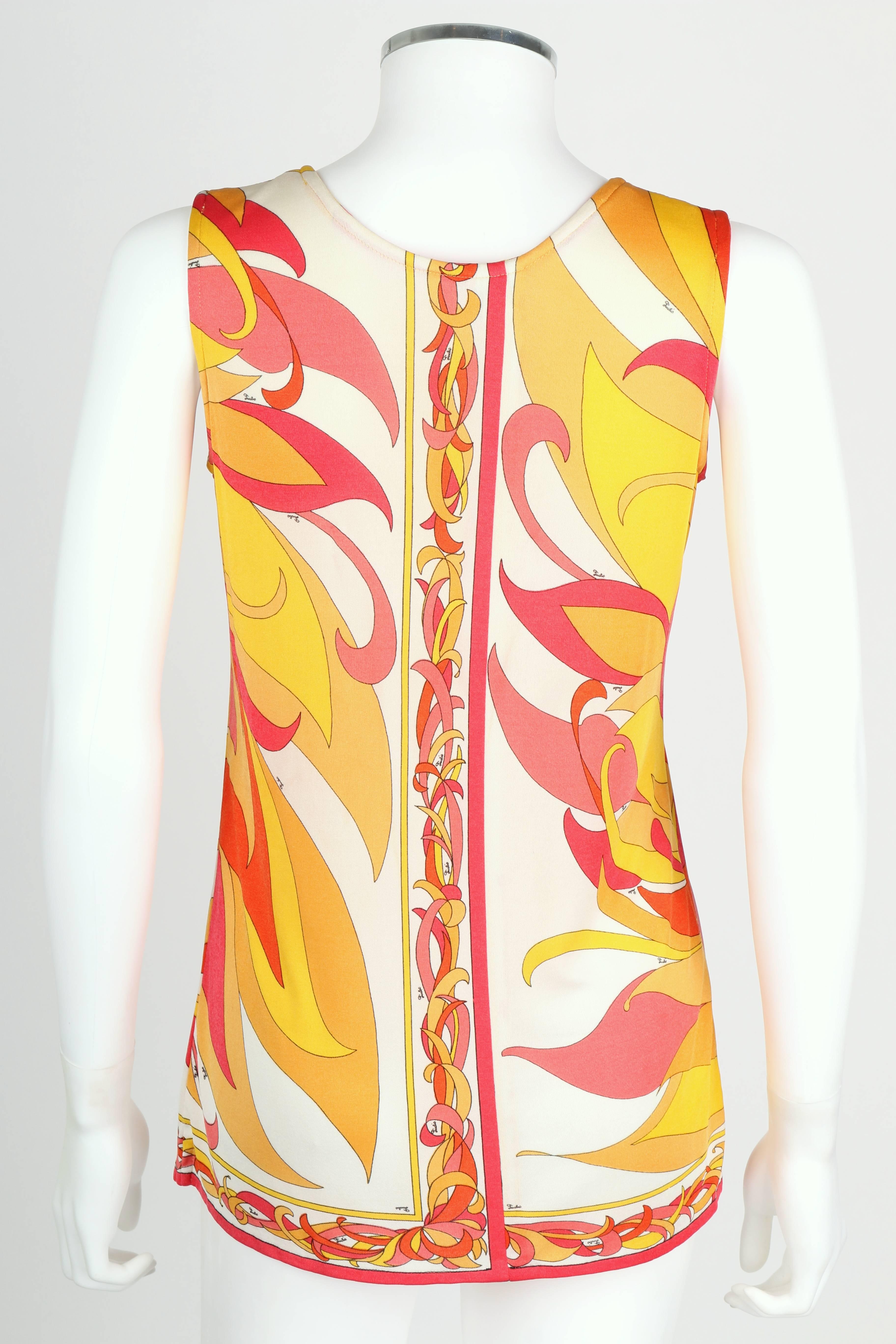 Women's EMILIO PUCCI 1970s Orange Multicolor Floral Motif Silk Jersey Sleeveless Top
