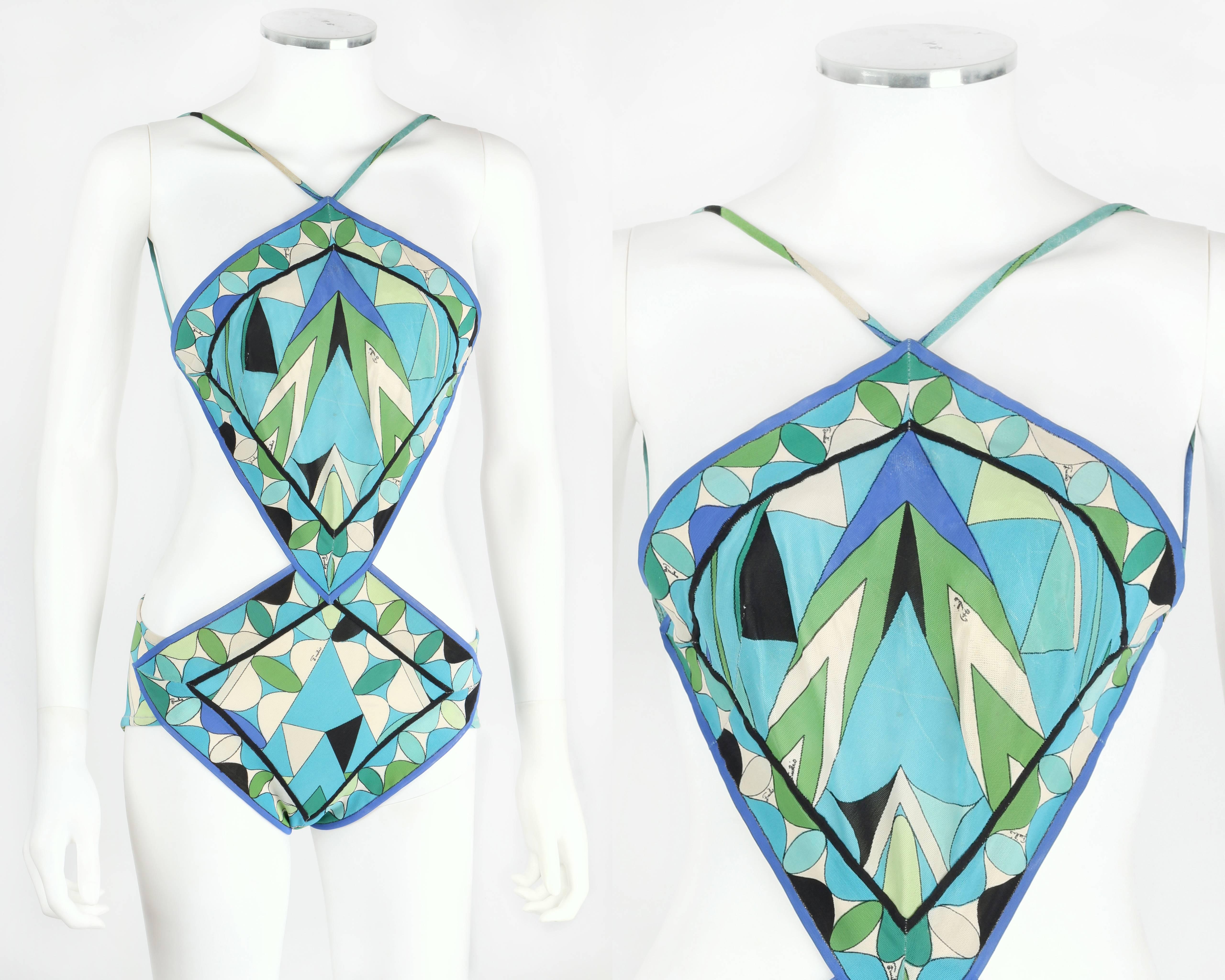 Vintage c.1969 Emilio Pucci one piece bathing suit. Suit of the same design is part of the MET's permanent collection. Blue and green signature print Lycra mesh. Diamond-shaped top open back and a single strap which attaches with hooks and eyes.