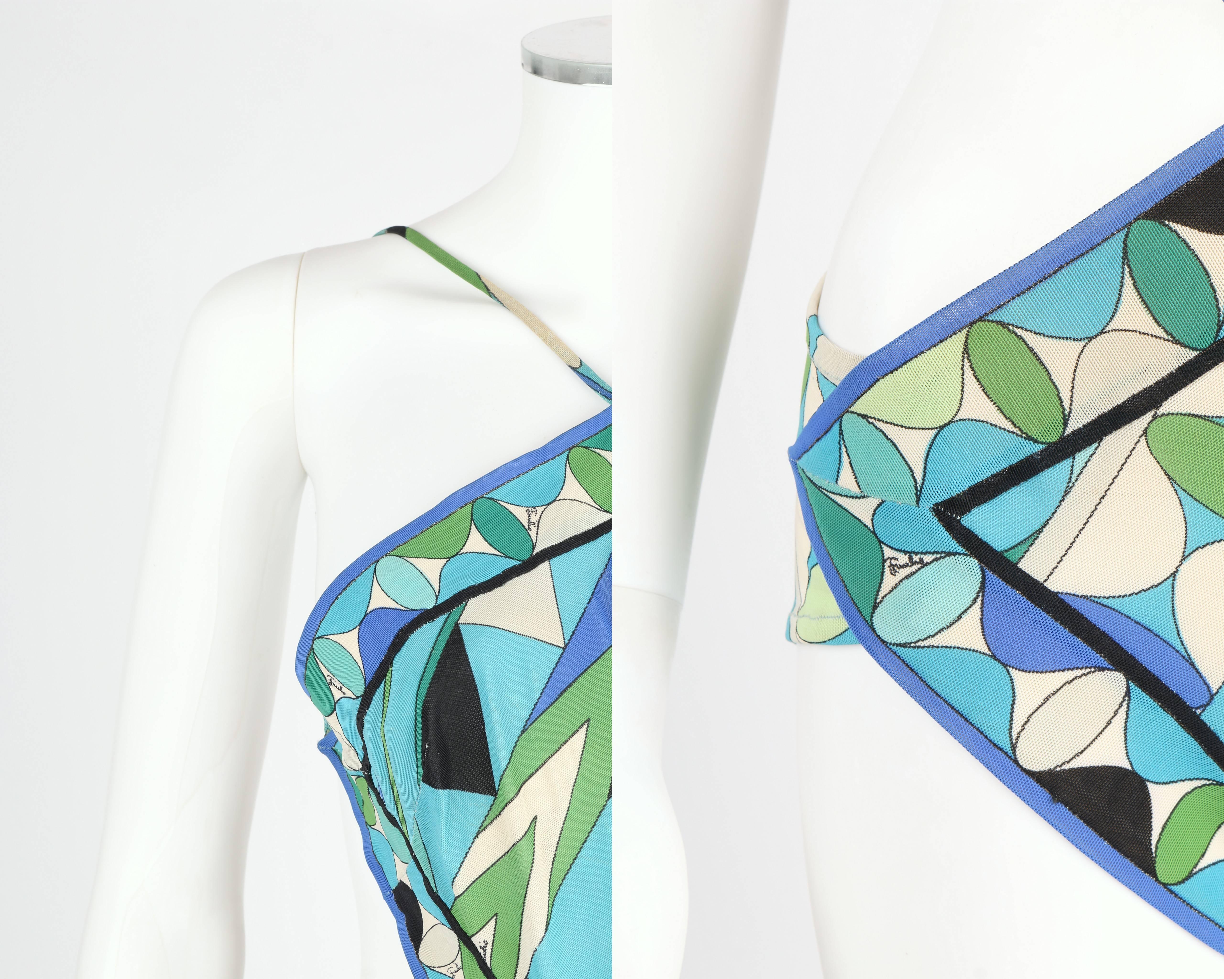 EMILIO PUCCI 1969 Blue Green Signature Print One-Piece Bathing Swimsuit Size 8 In Excellent Condition In Thiensville, WI