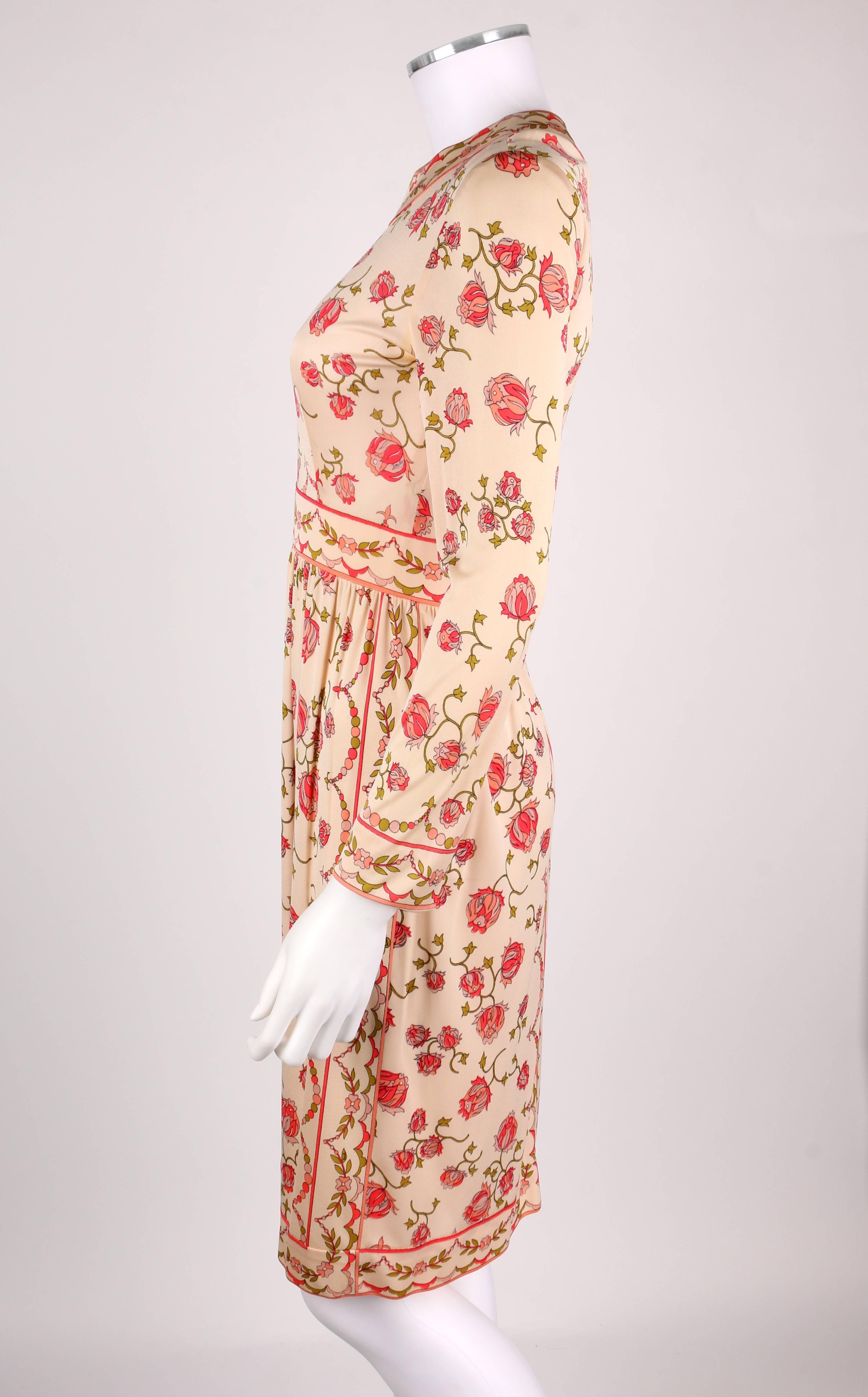 Women's EMILIO PUCCI c..1970’s Signature Print Floral Rose Silk Long Sleeve Dress Size 8