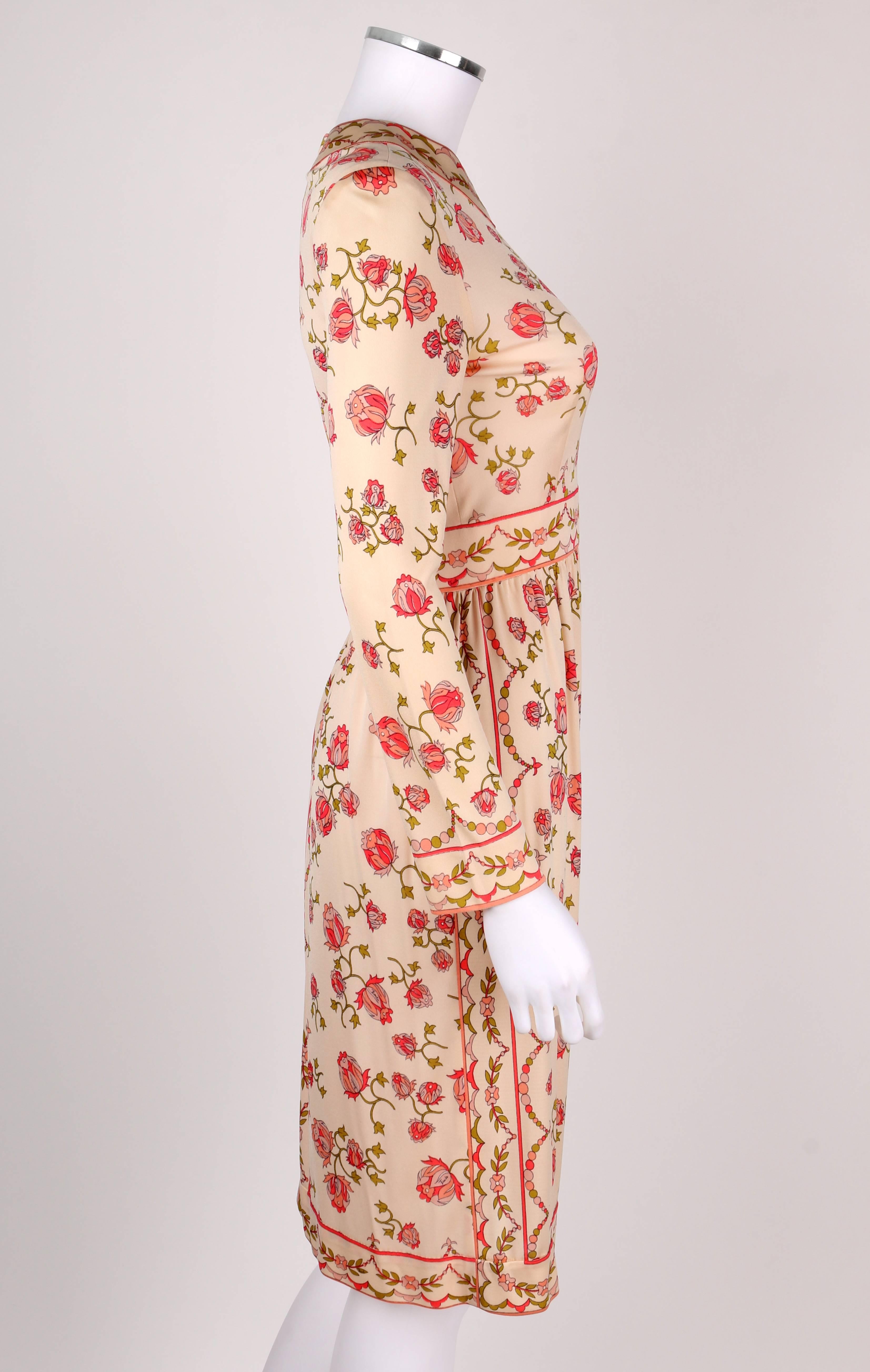 Orange EMILIO PUCCI c..1970’s Signature Print Floral Rose Silk Long Sleeve Dress Size 8