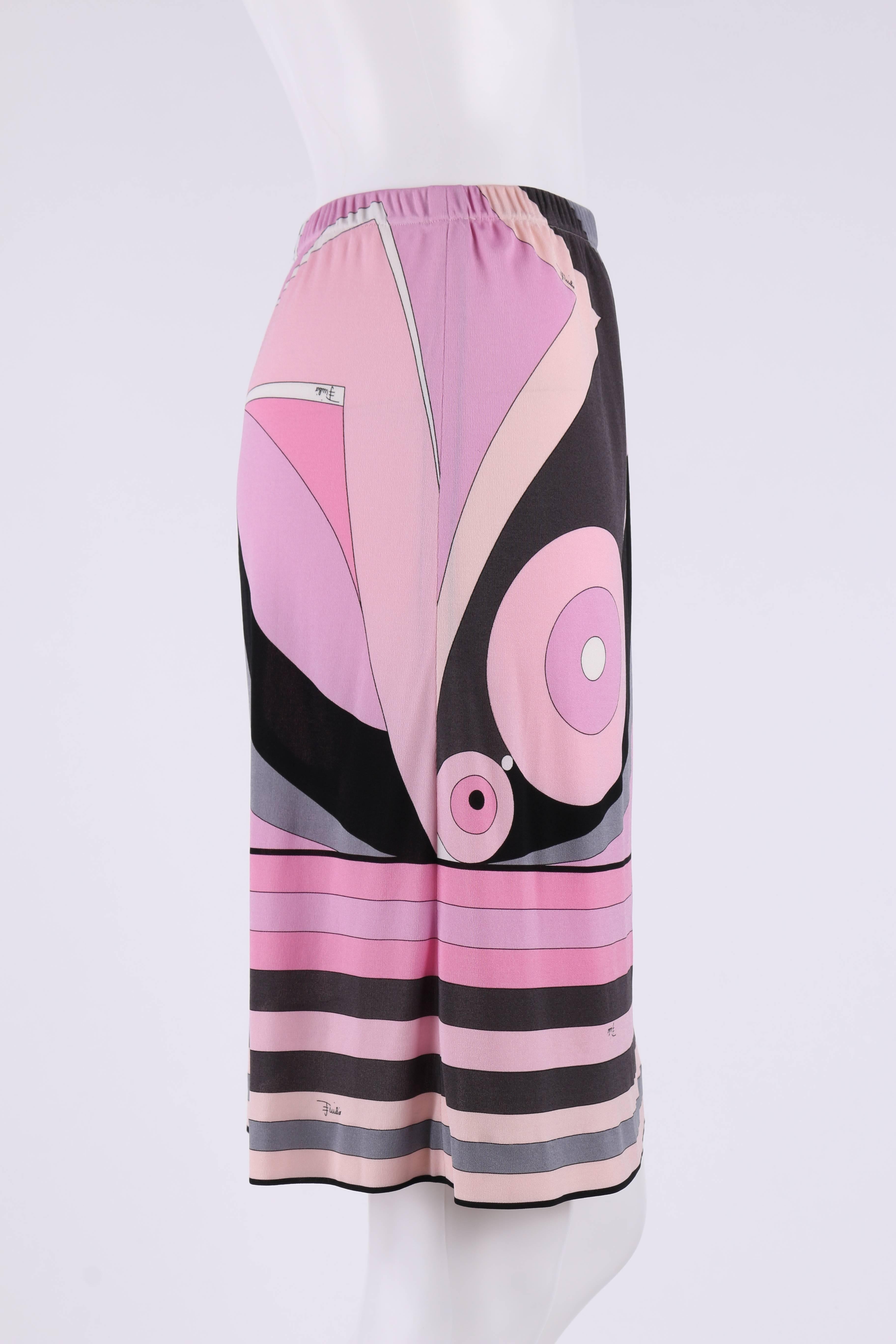 EMILIO PUCCI c.2000s Pink Multicolor Geometric Striped Motif Silk Jersey Skirt In Excellent Condition In Thiensville, WI