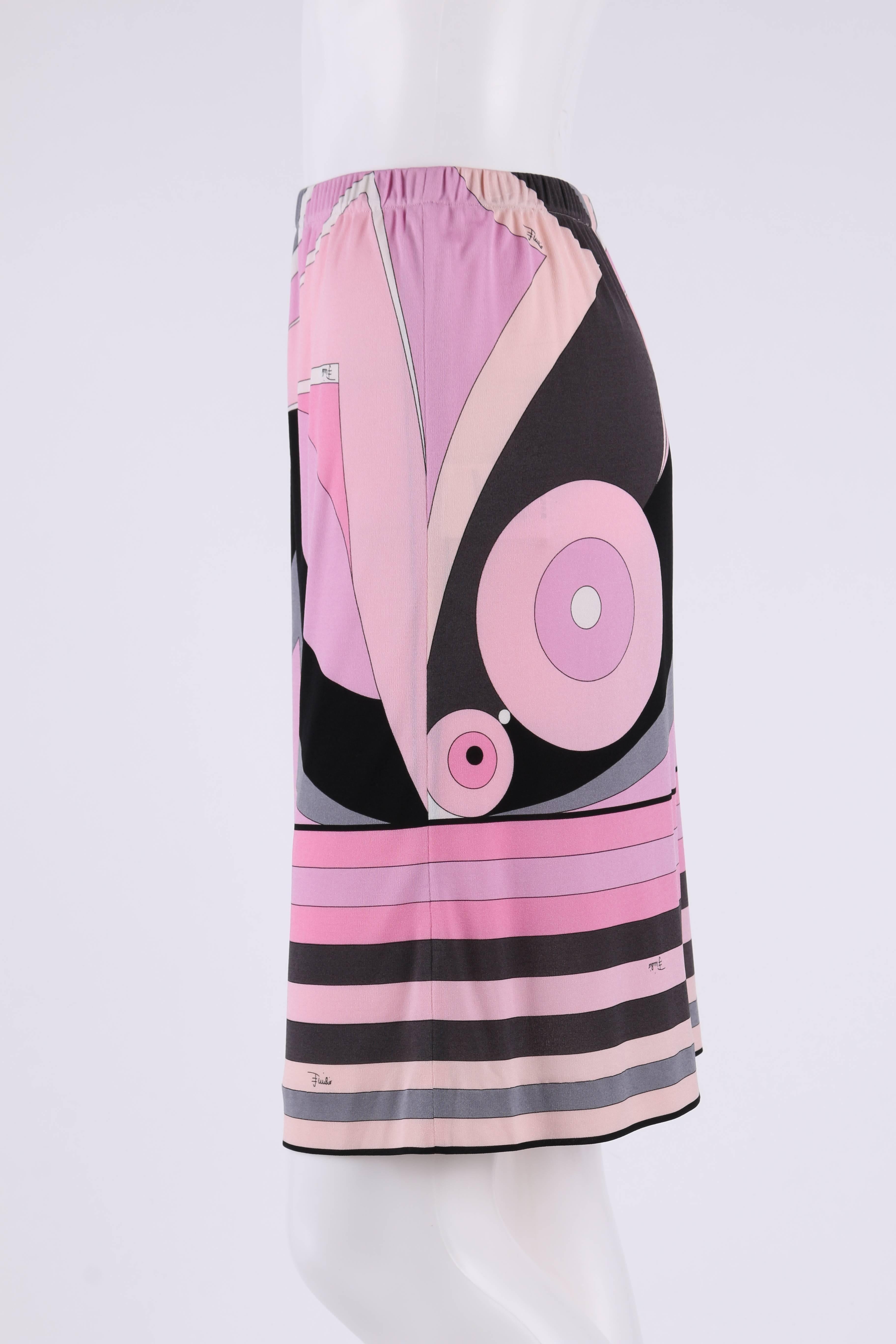 EMILIO PUCCI c.2000s Pink Multicolor Geometric Striped Motif Silk Jersey Skirt 1