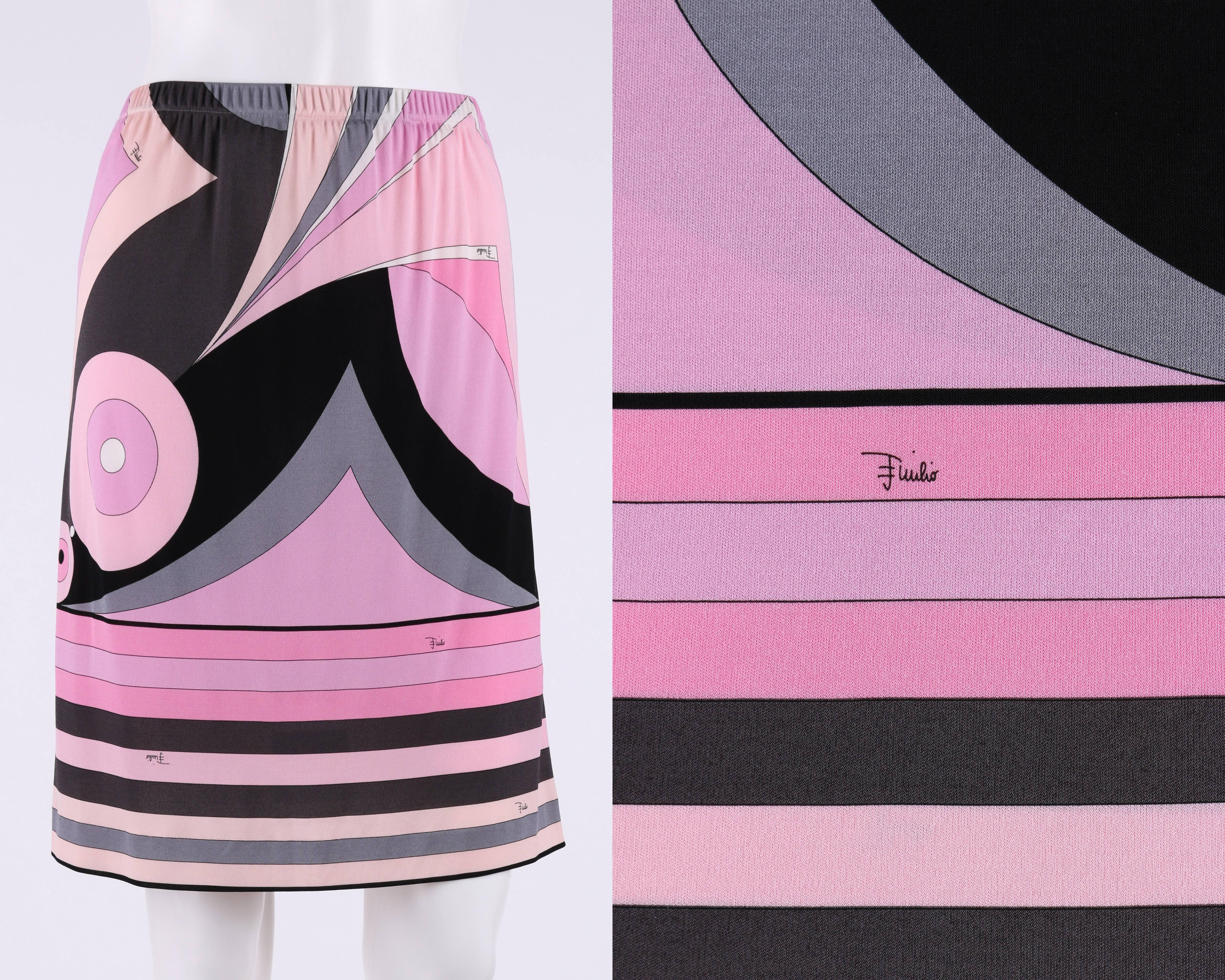 EMILIO PUCCI c.2000s Pink Multicolor Geometric Striped Motif Silk Jersey Skirt

Brand / Manufacturer: Emilio Pucci
Circa: 2000s
Style: A-line skirt
Color(s): Shades of pink, grey, and black
Marked Materials: 