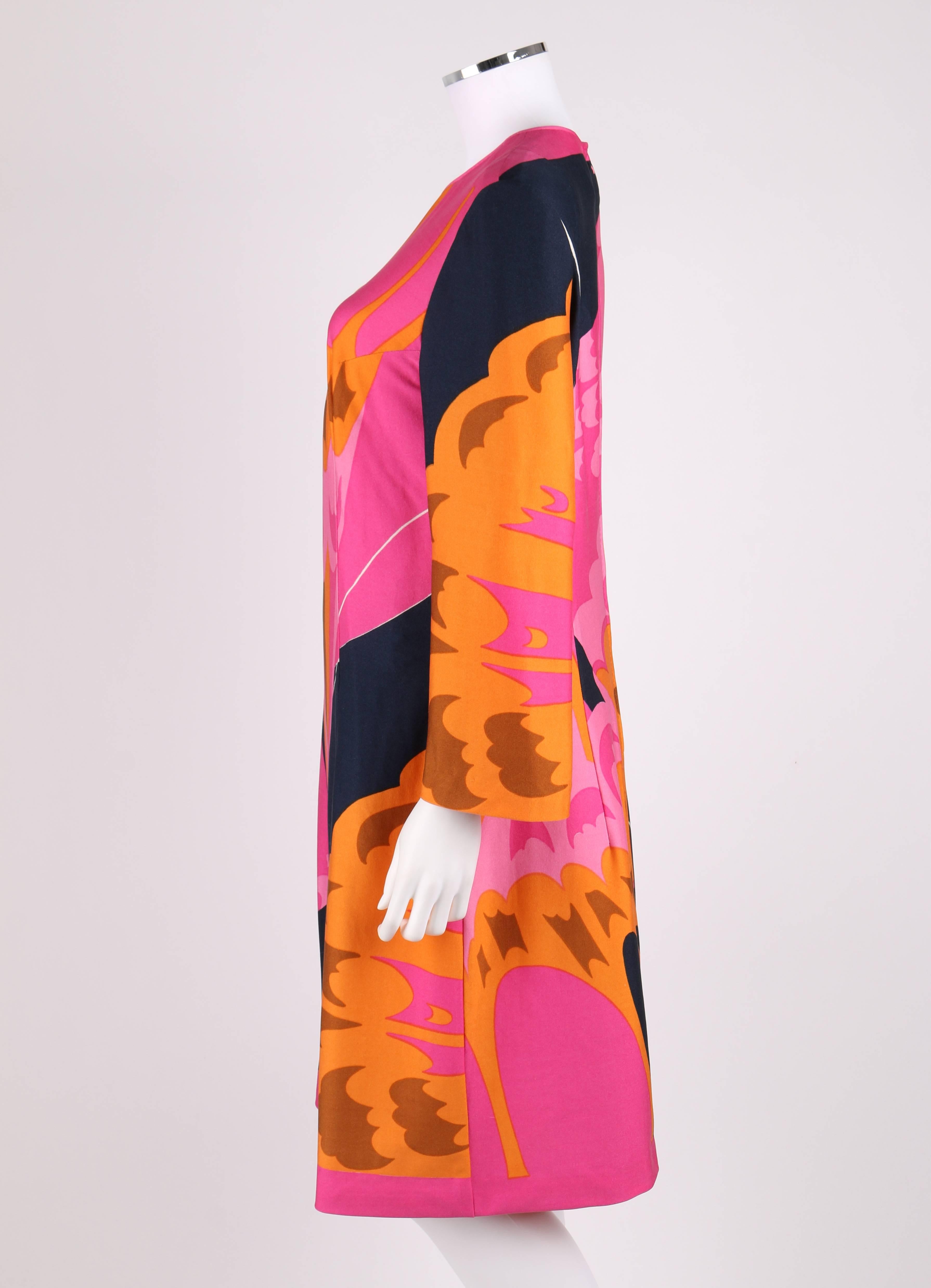 Red HENAE MORI 1970s Pink Orange Multicolor Abstract Print Long Sleeve Shift Dress