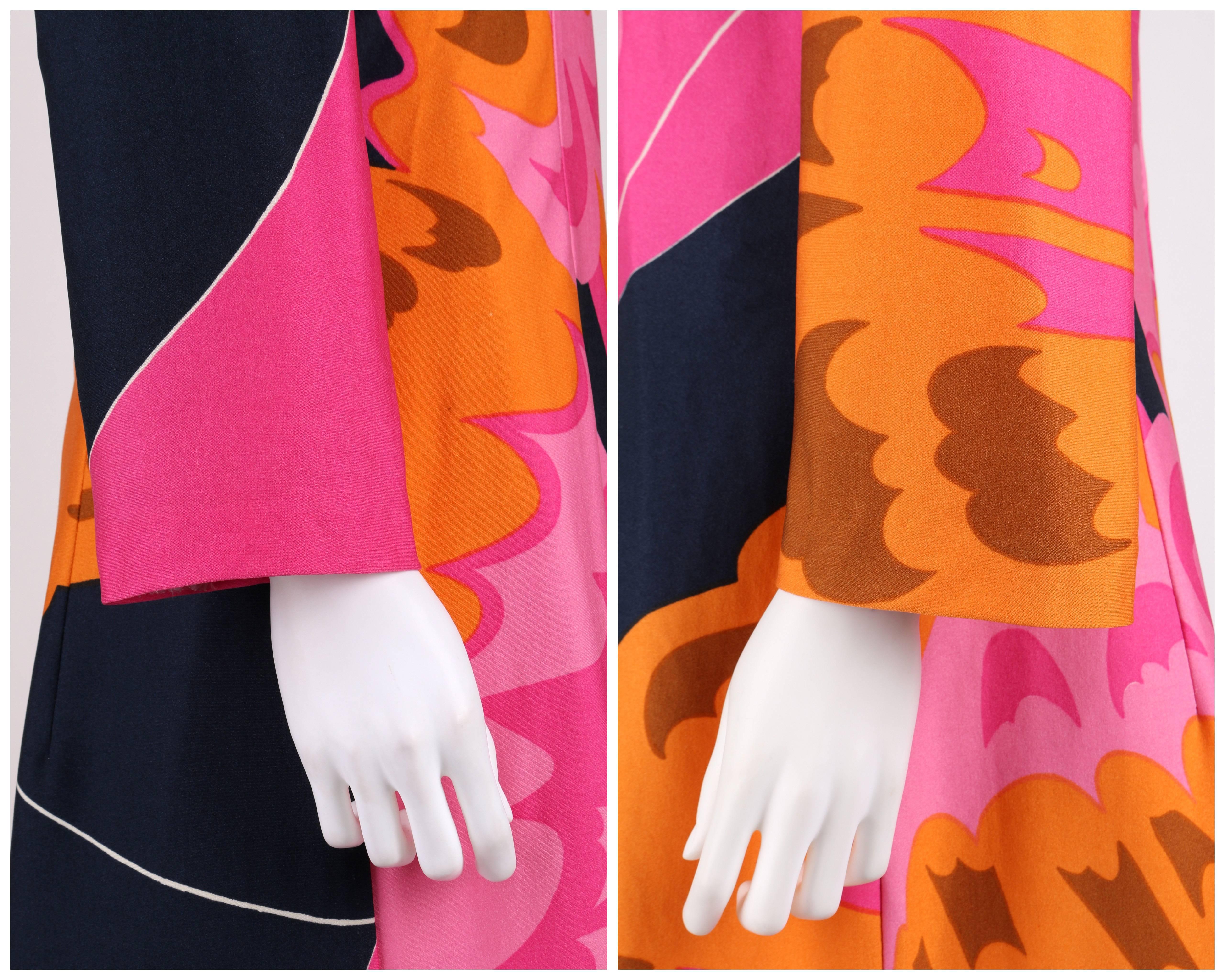 Women's HENAE MORI 1970s Pink Orange Multicolor Abstract Print Long Sleeve Shift Dress