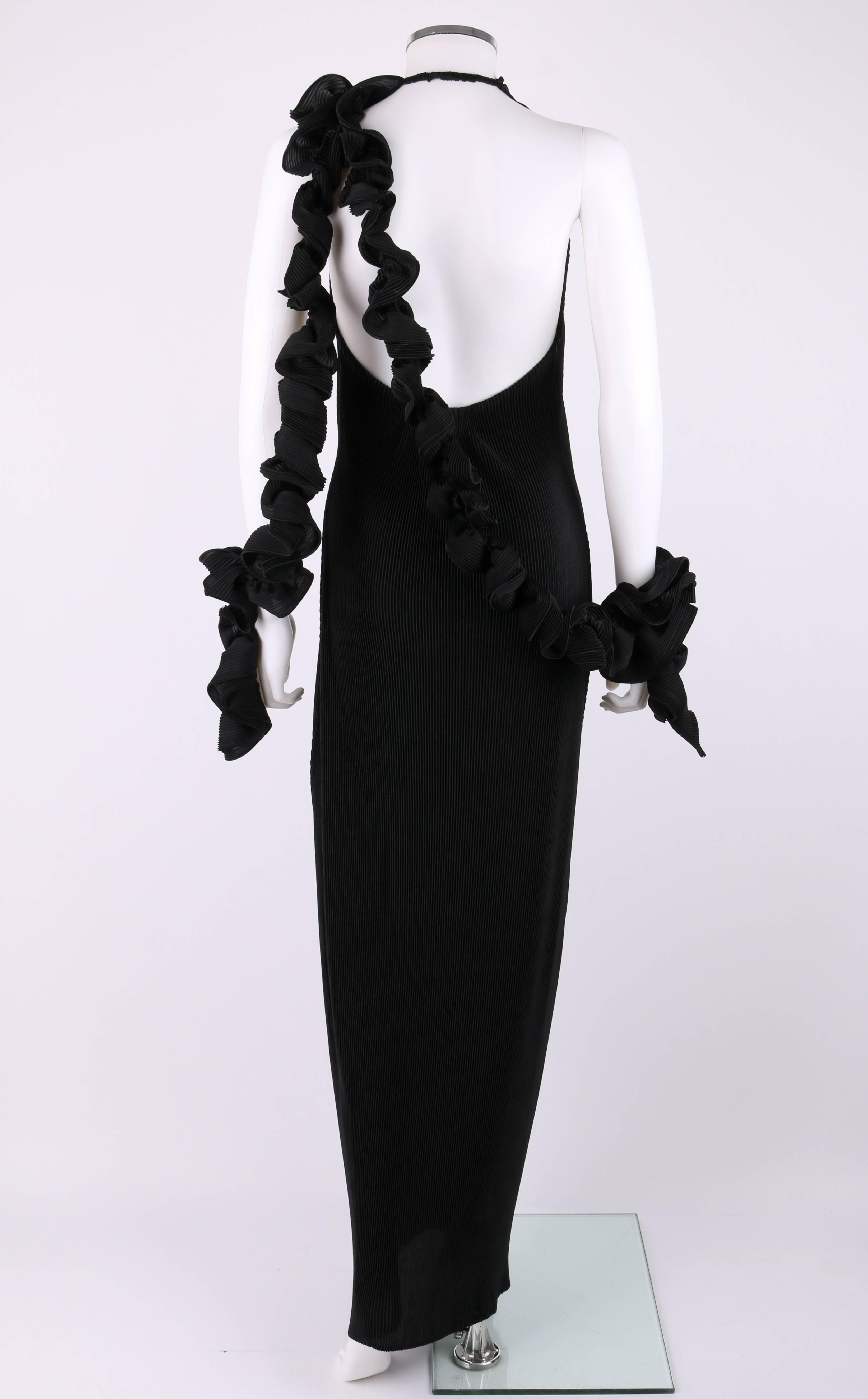 ISSEY MIYAKE Black Halter Full Length Evening Dress Streamer Wrap Scarf Size 3 1