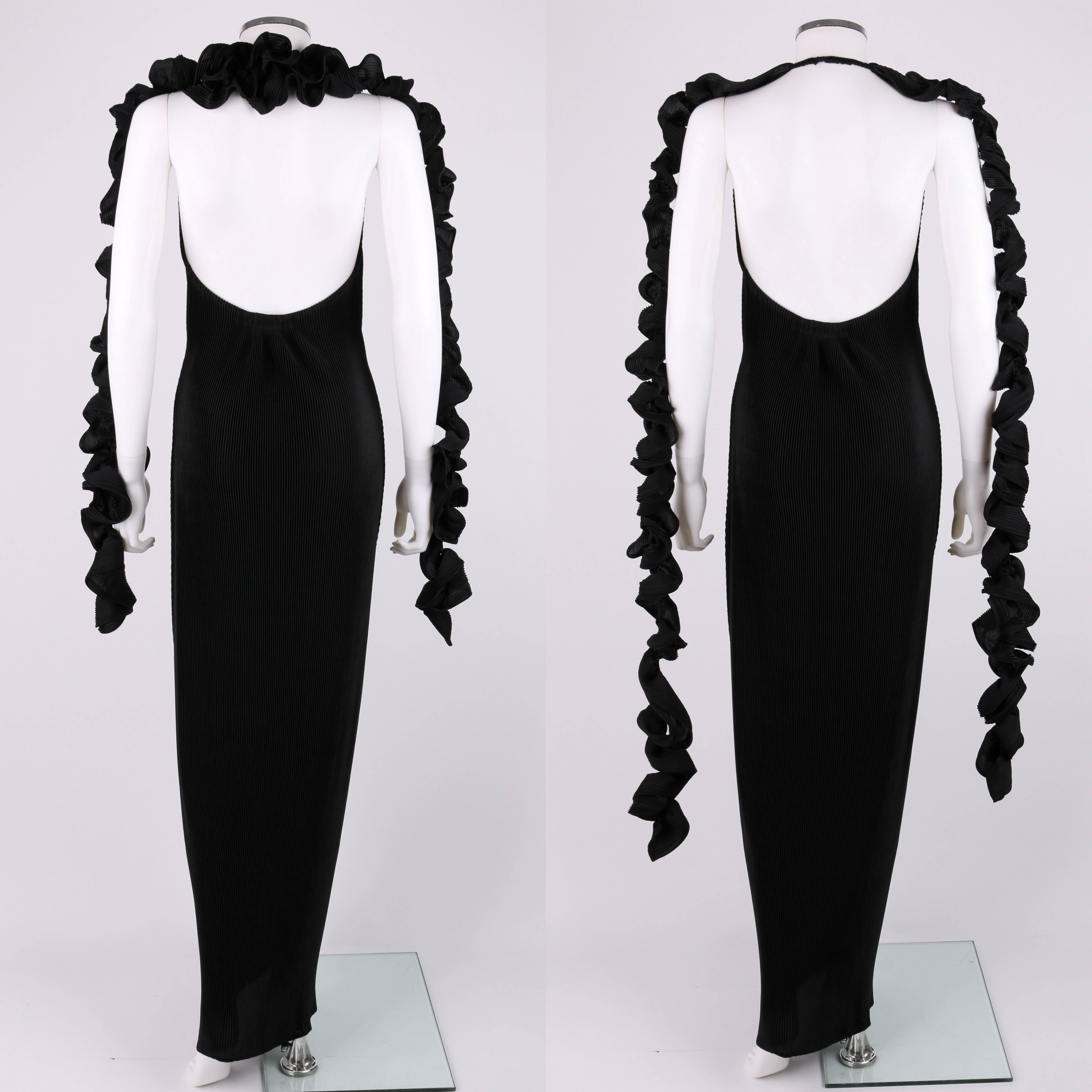 Women's ISSEY MIYAKE Black Halter Full Length Evening Dress Streamer Wrap Scarf Size 3