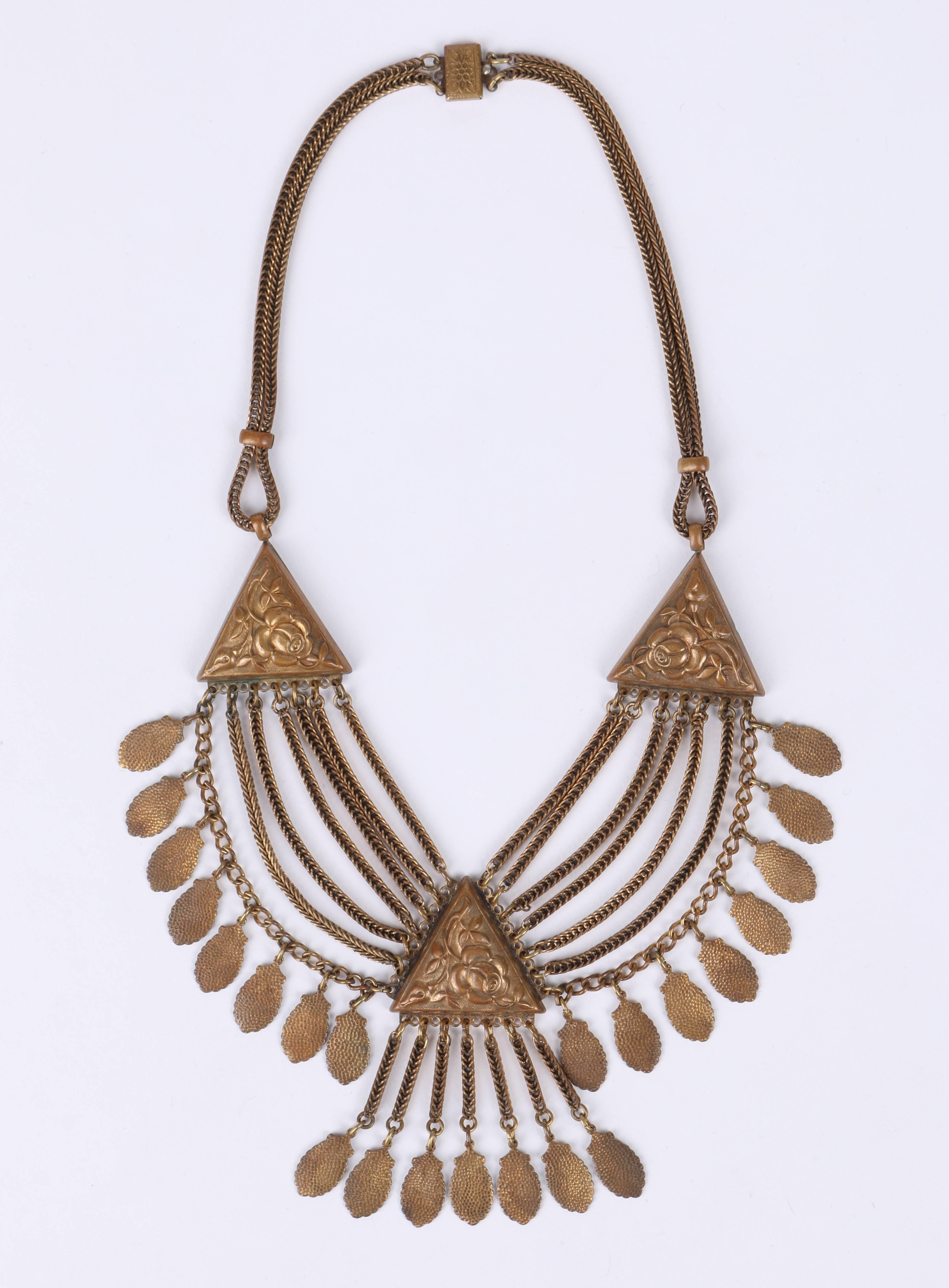 Vintage 1930's bronze art nouveau multi chain bib statement necklace.  Bib section of necklace (measures approximately 6 3/4