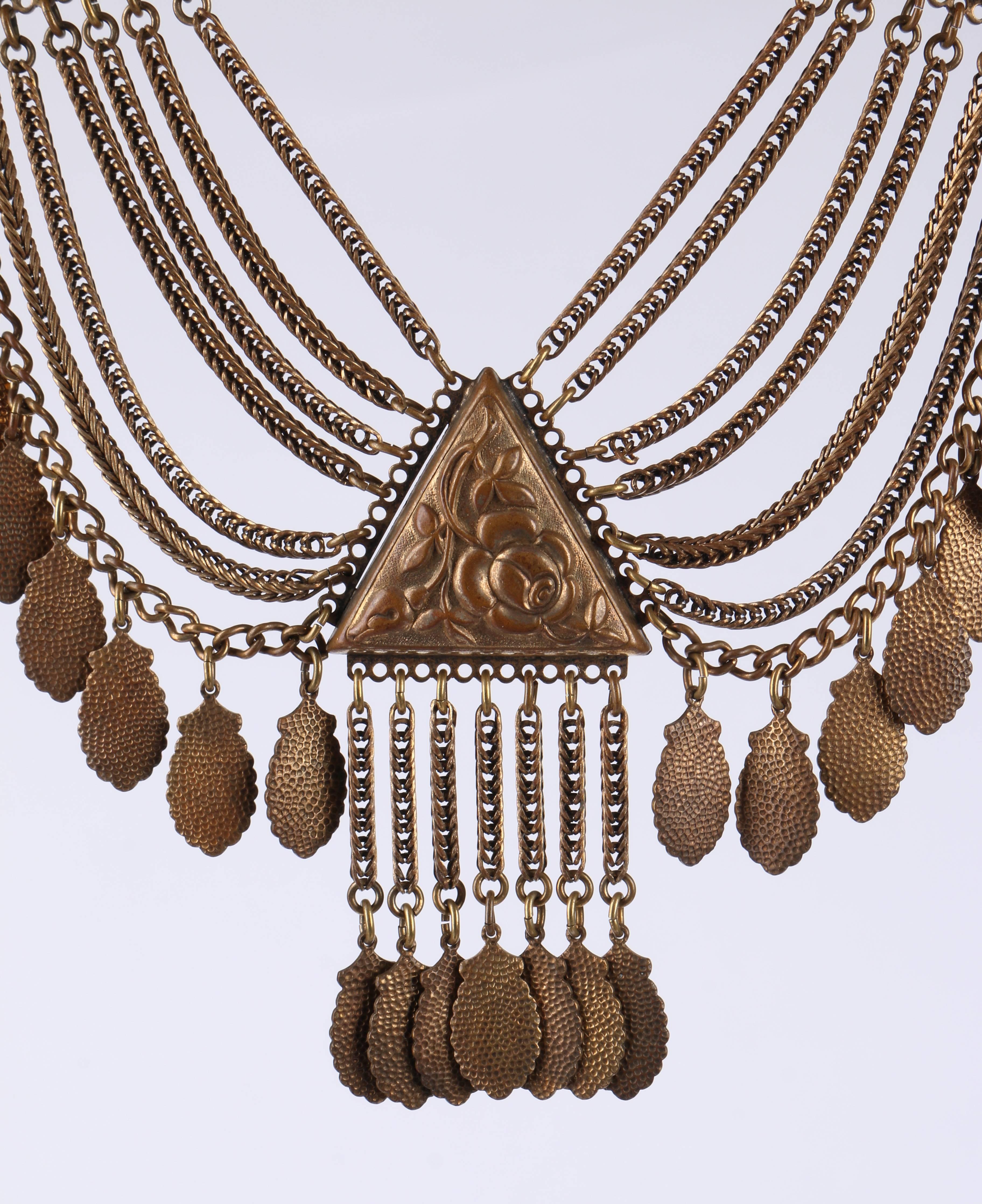 c.1930's Art Nouveau Bronze Floral Multi-Chain Bib Collar Statement Necklace In Excellent Condition In Thiensville, WI