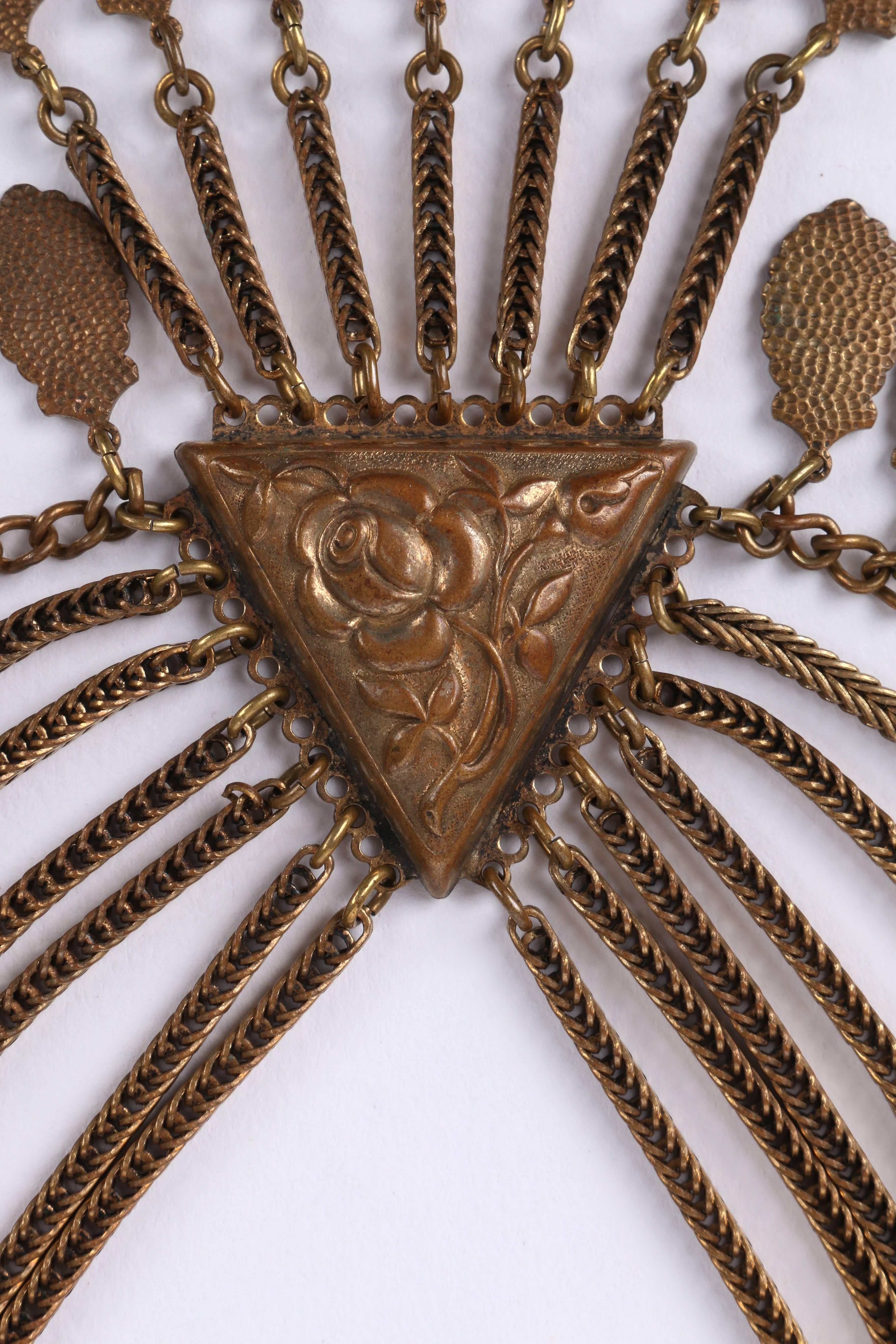 c.1930's Art Nouveau Bronze Floral Multi-Chain Bib Collar Statement Necklace 2