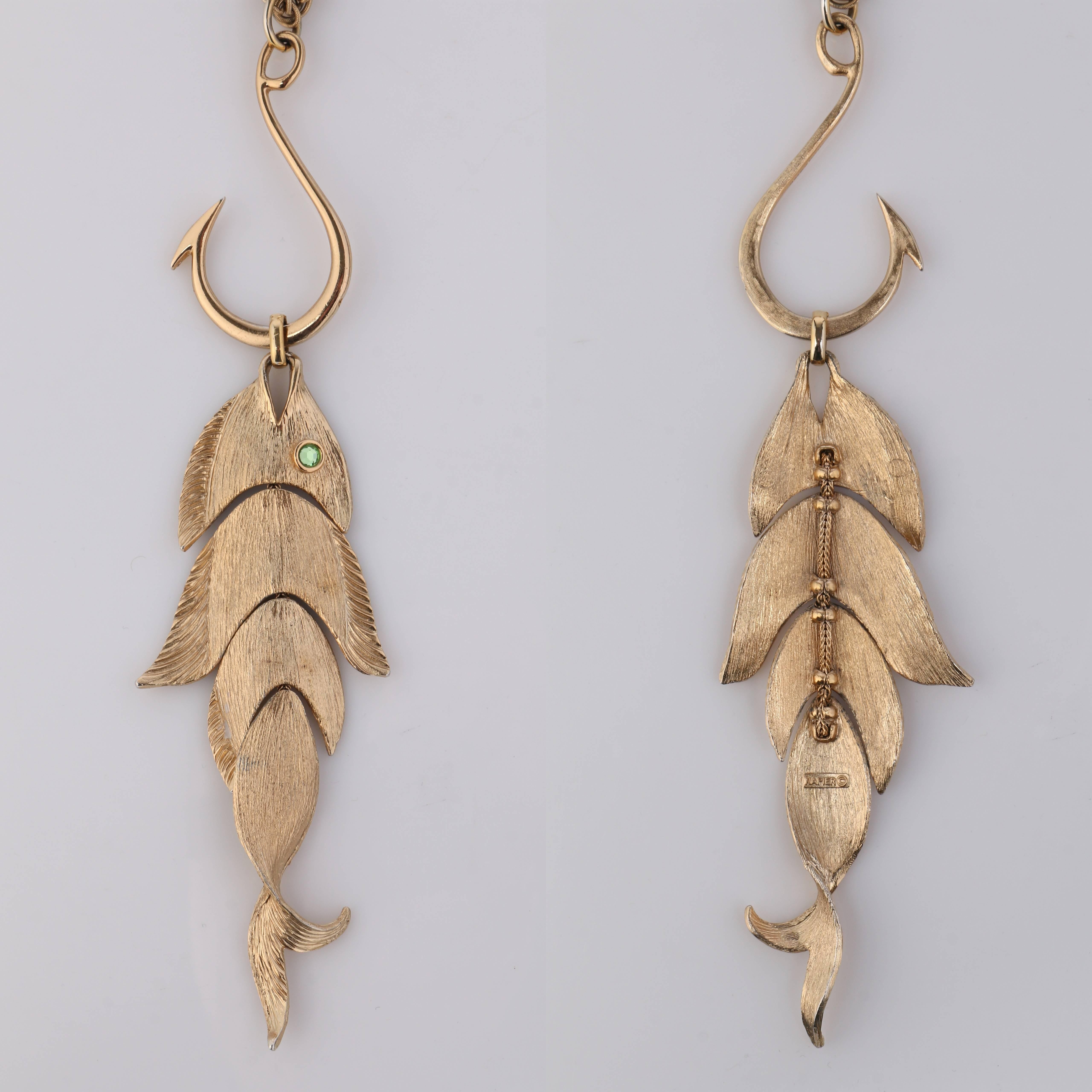 NAPIER c.1970's Huge Gold Articulated Fish w/ Hook Pendant Statement Necklace In Excellent Condition In Thiensville, WI