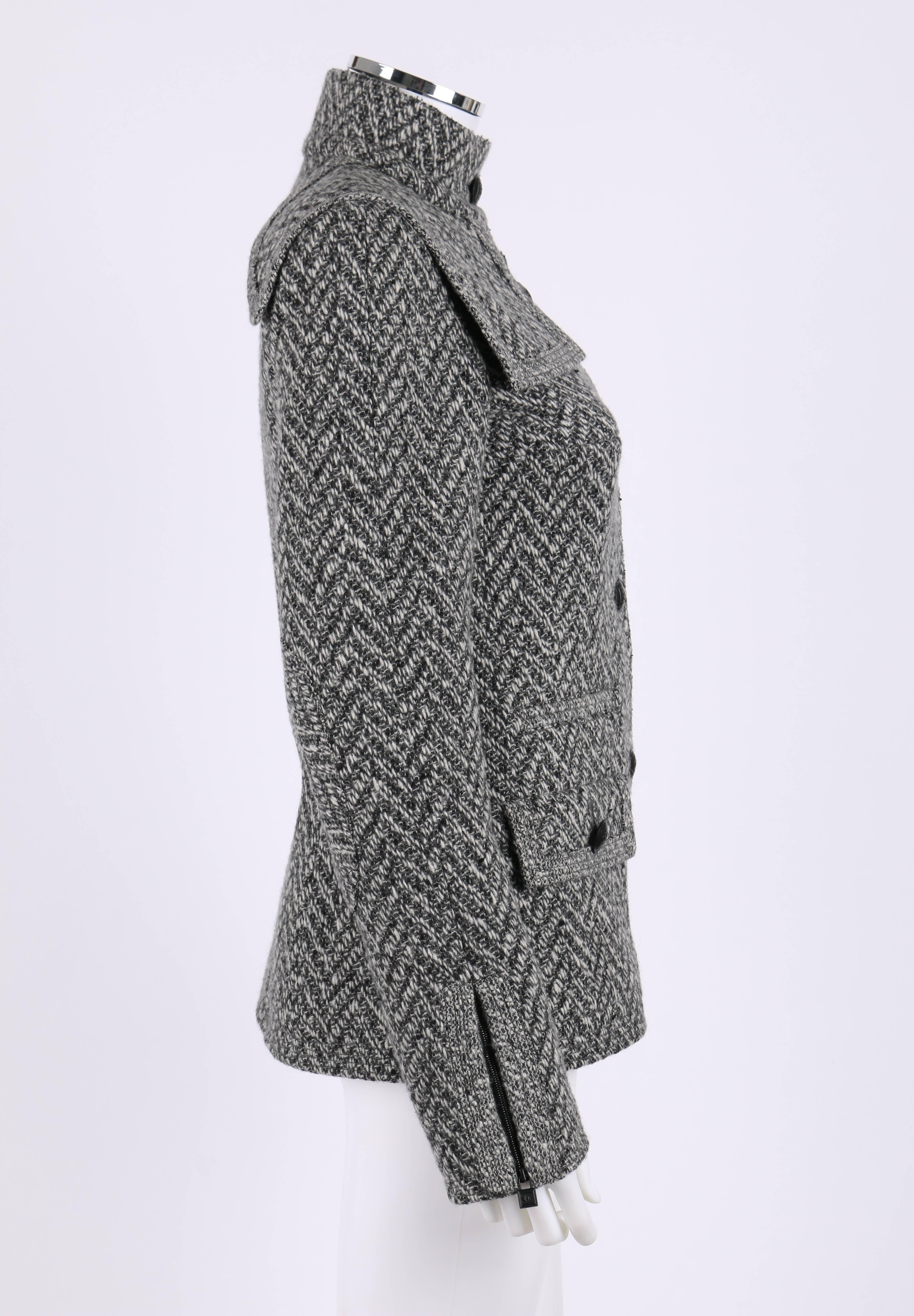 Gray CHANEL A/W 2008 Collection Black White Wool Tweed Herringbone Dual Flap Jacket