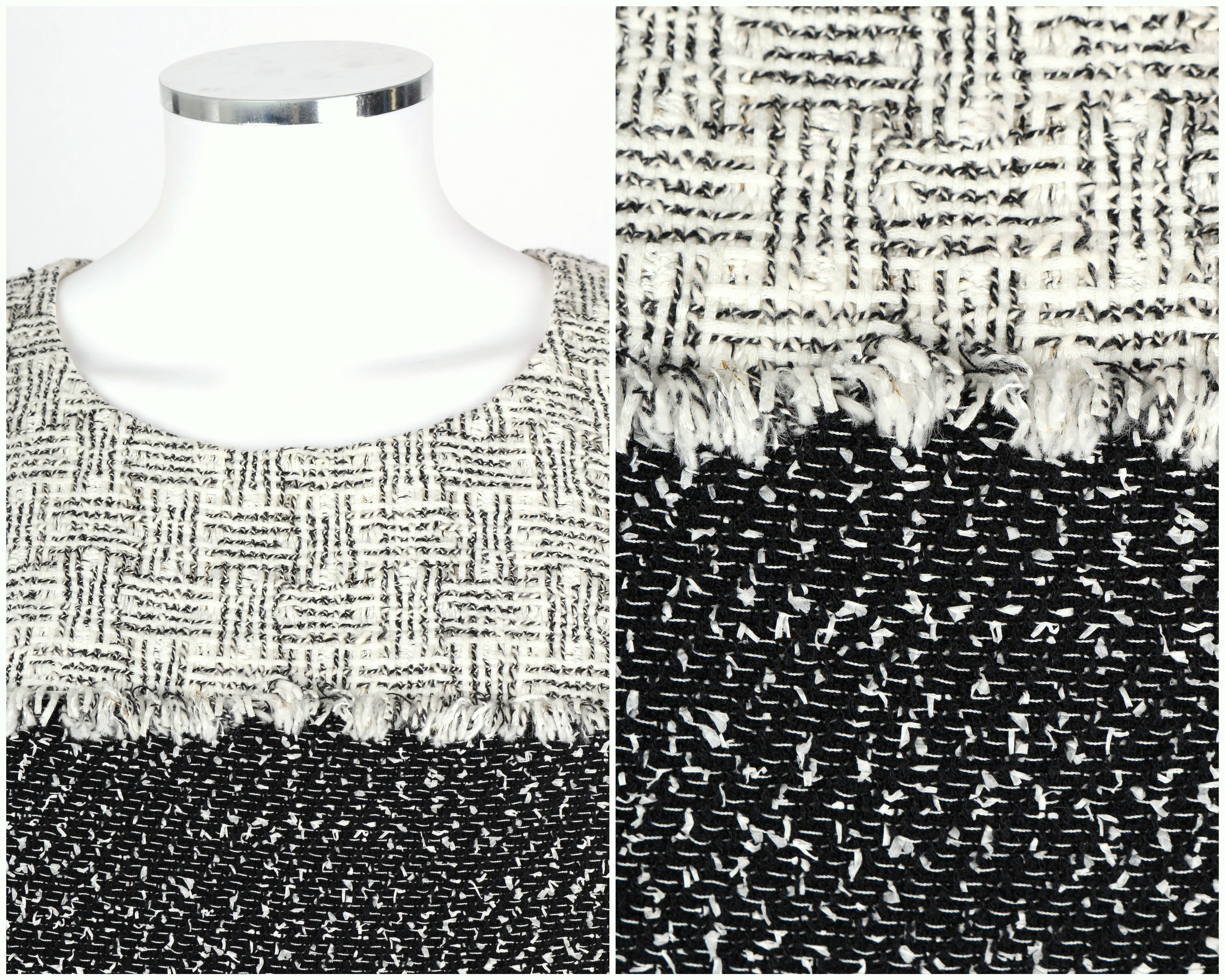 CHANEL 2014 Black White Boucle Tweed Fringe Sleeveless Shift Mini Dress Size 36 2