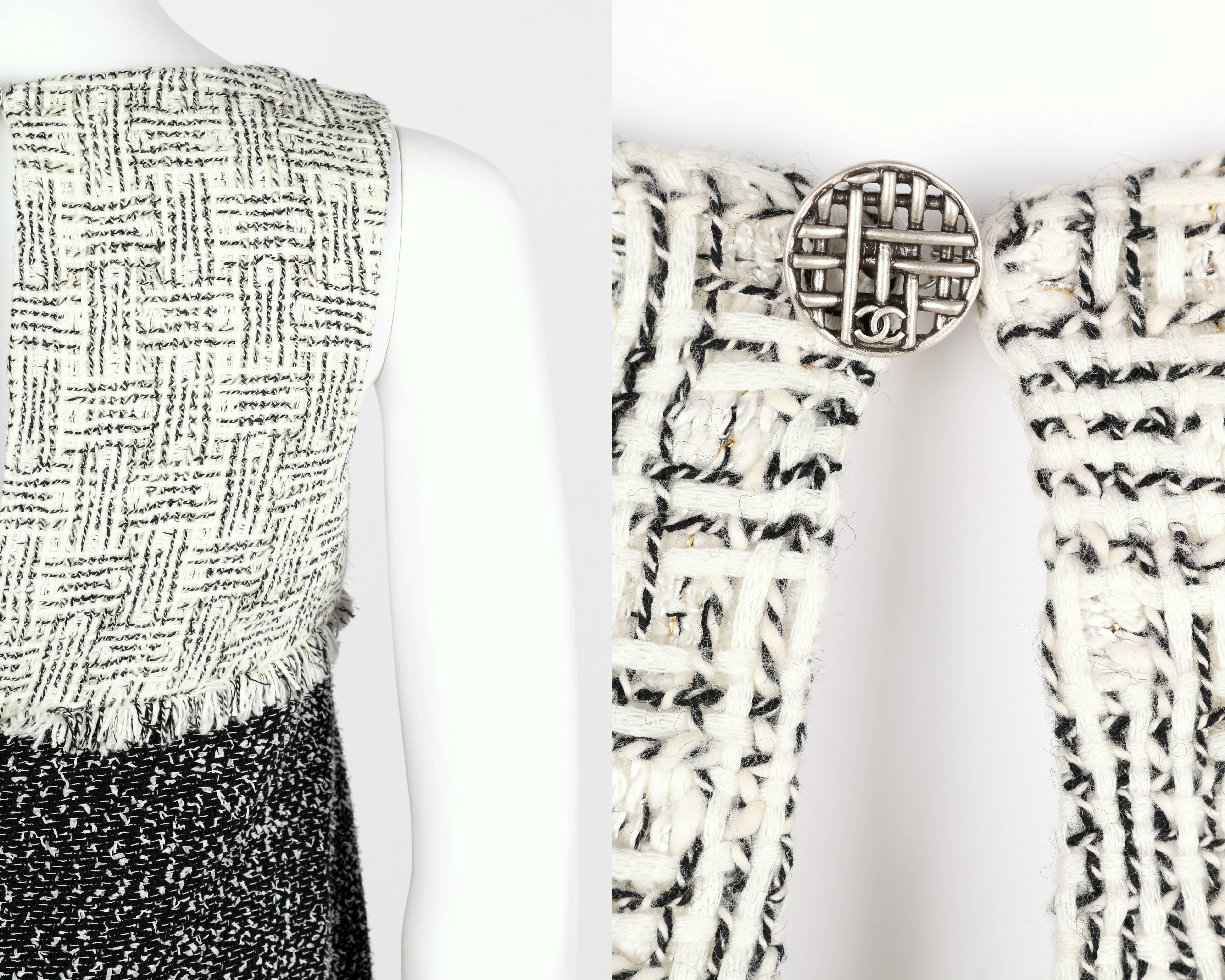 CHANEL 2014 Black White Boucle Tweed Fringe Sleeveless Shift Mini Dress Size 36 4